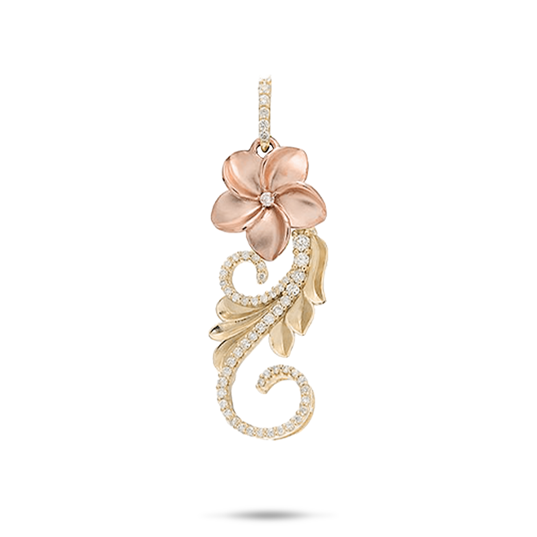 Hawaiian Heirloom Plumeria Pendant in Two Tone Gold with Diamonds - 30mm