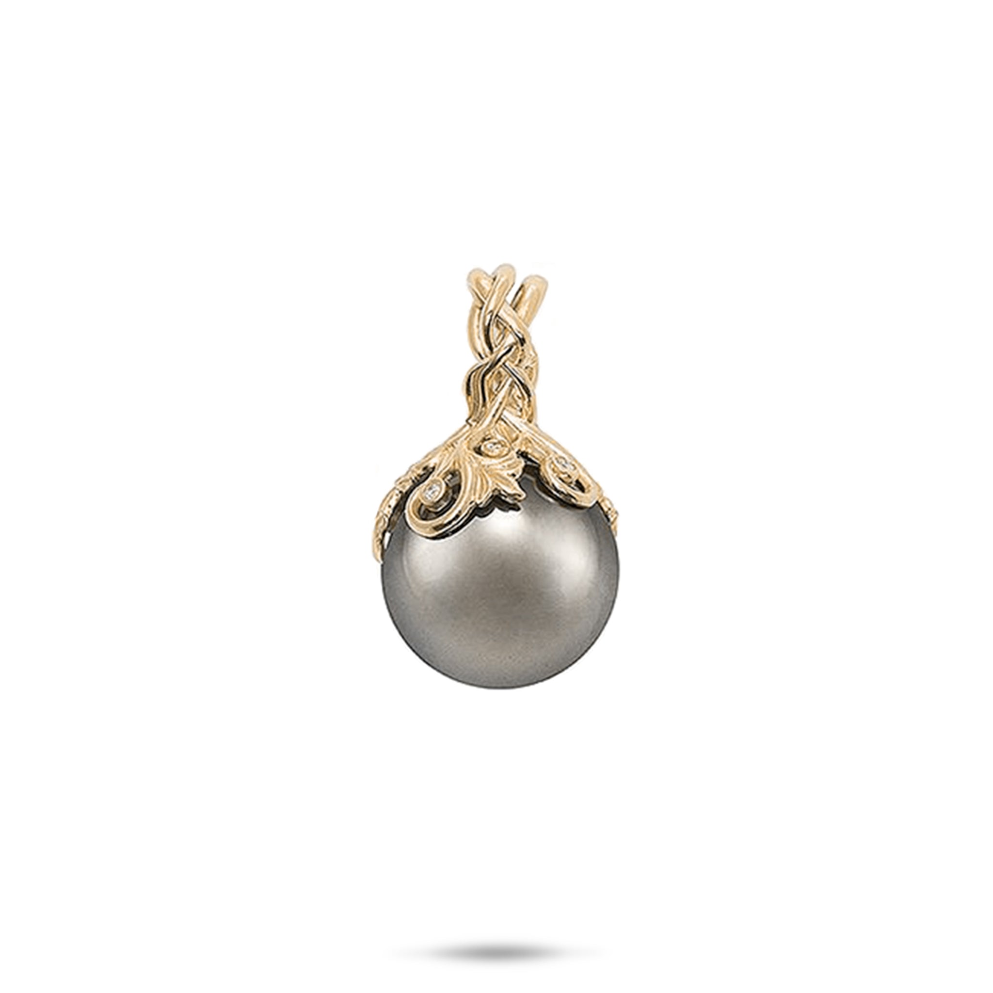 14-15mm Living Heirloom Tahitian Black Pearl Pendant in Gold with Diamonds on a white background