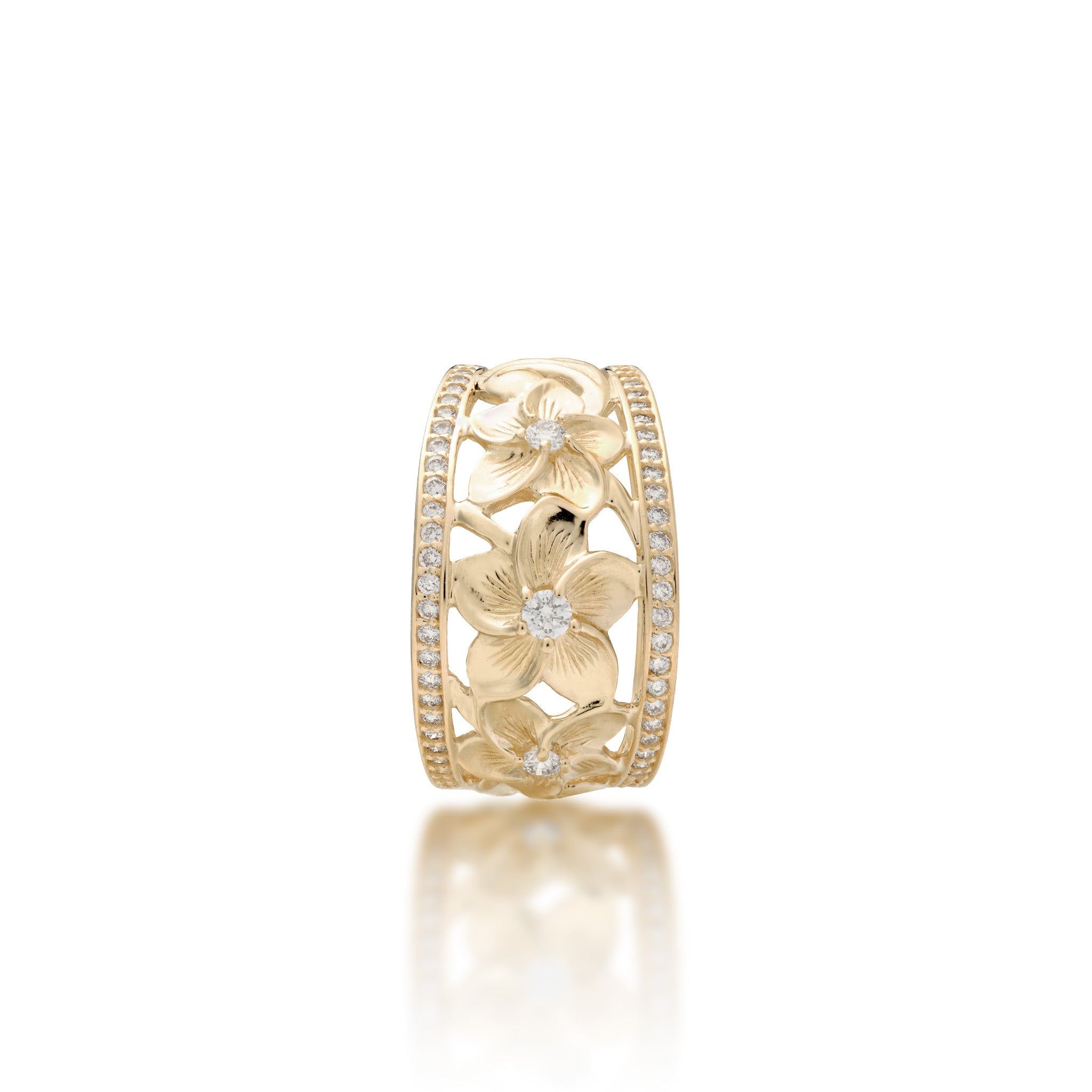 Top view of the 13mm Hawaiian Heirloom Plumeria Ring in Gold with Diamonds on white background