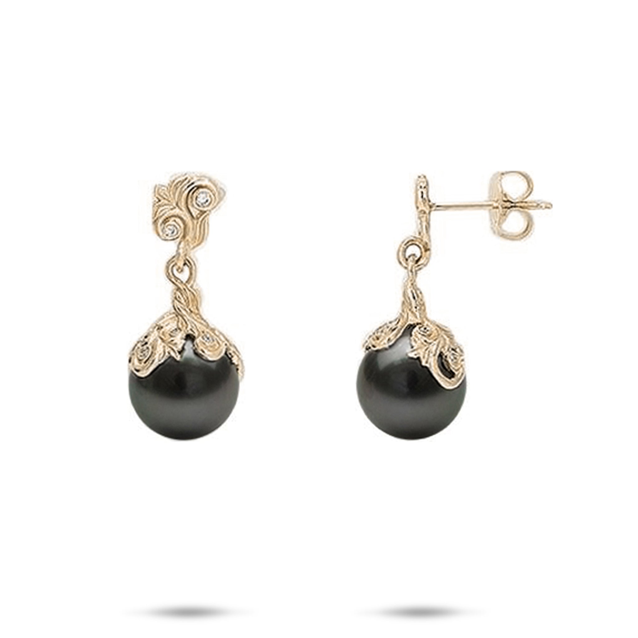 9-10mm Living Heirloom Tahitian Black Pearl Earrings in Gold with Diamonds on a white background