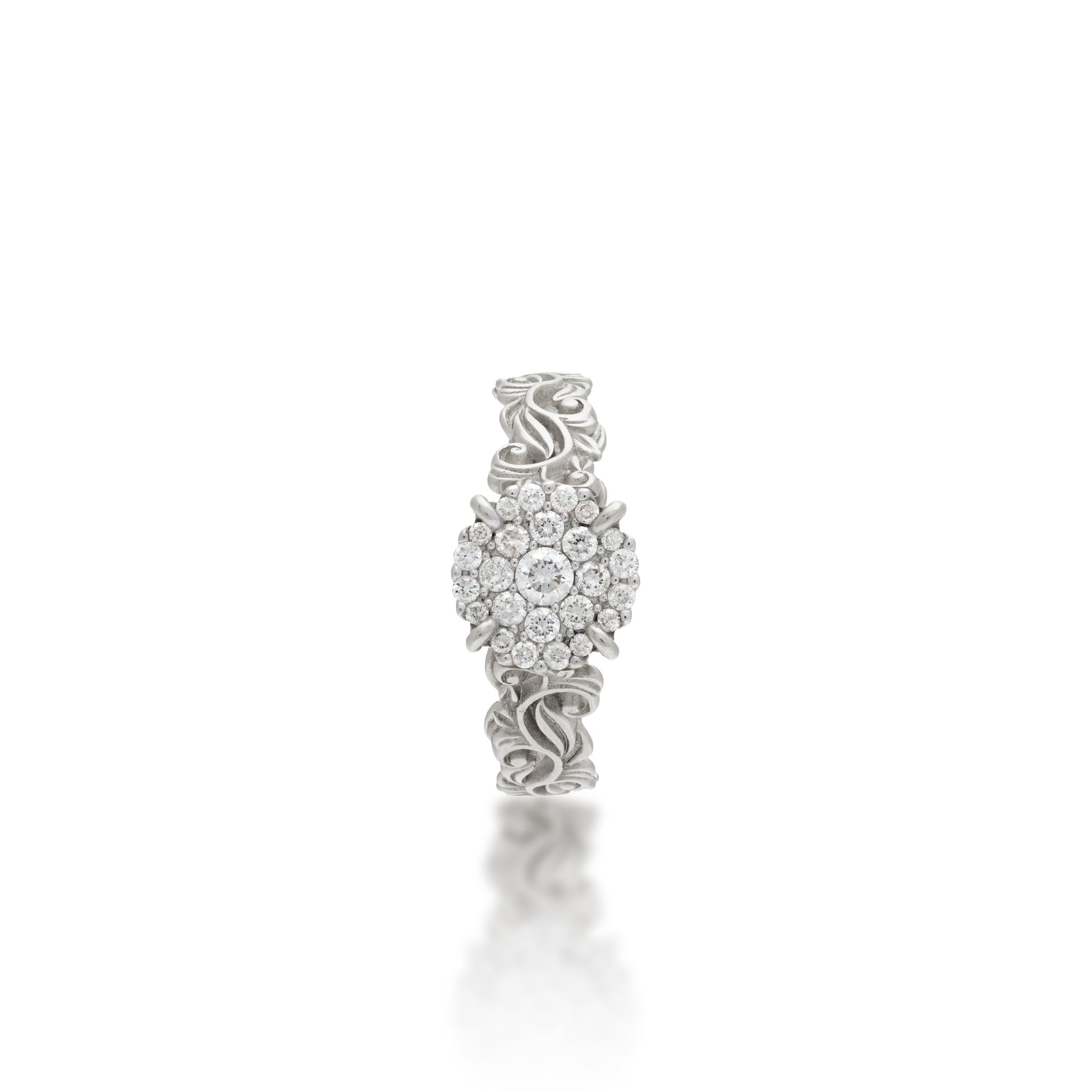 Top view of the Living Heirloom Engagement Ring in White Gold with Diamonds on a white background