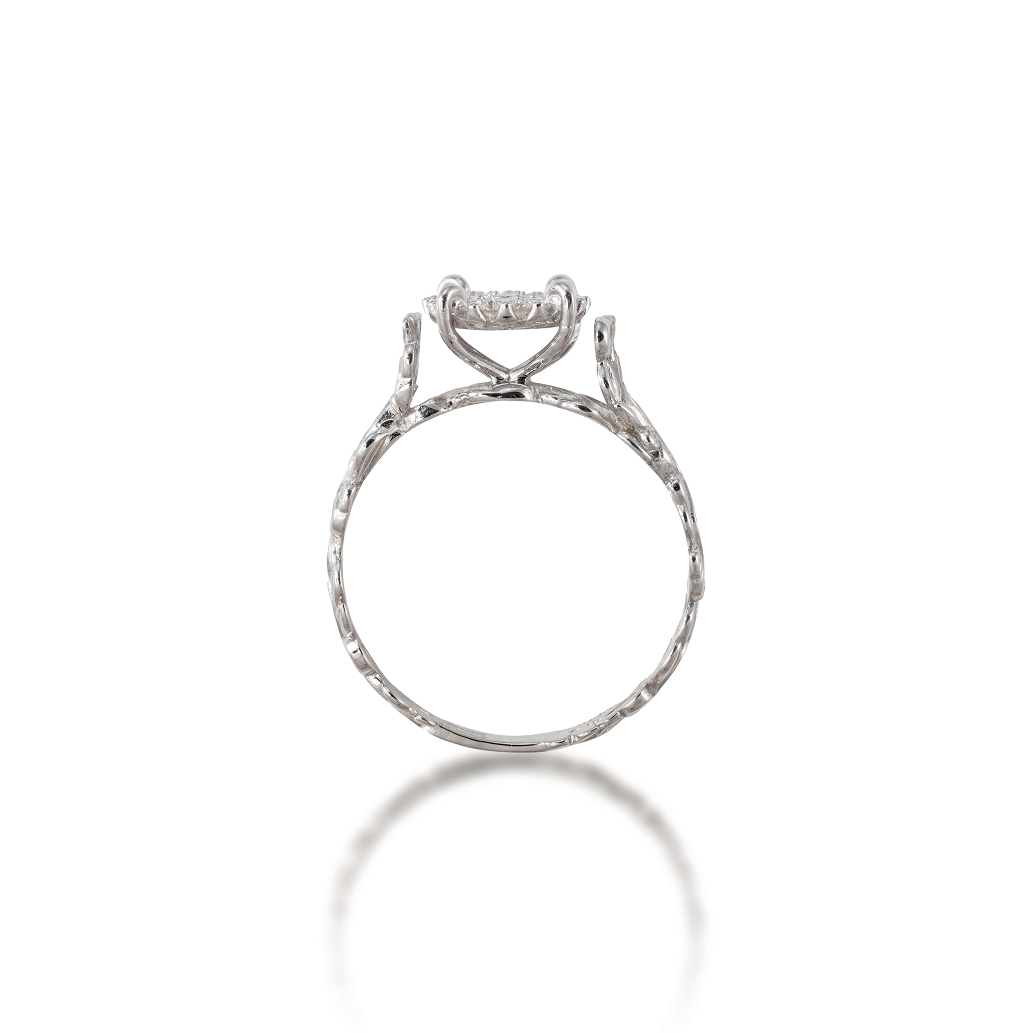 Side detail of the Living Heirloom Engagement Ring in White Gold with Diamonds on a white background