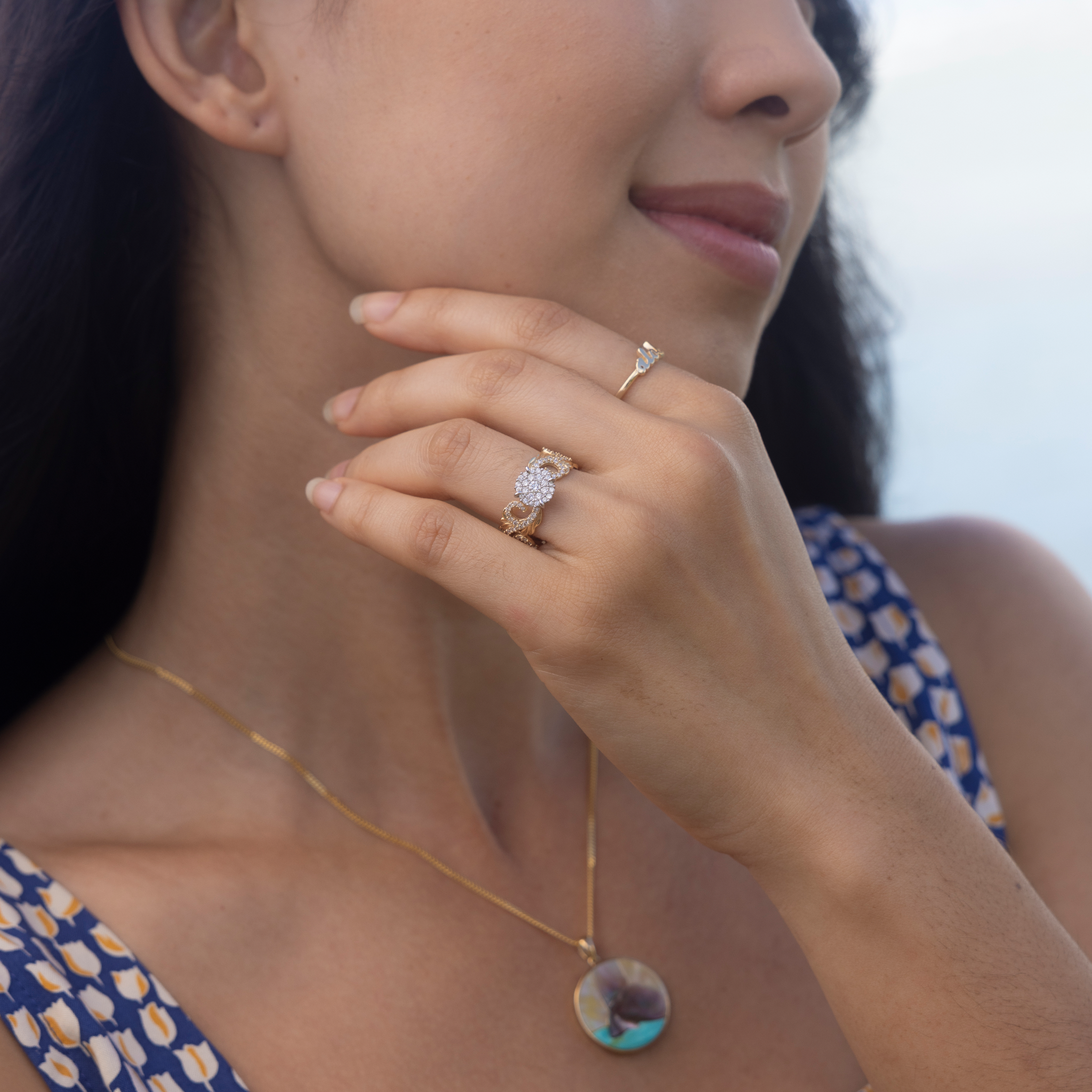 Hawaiian Heirloom Engagement Ring in Two Tone Gold with Diamonds