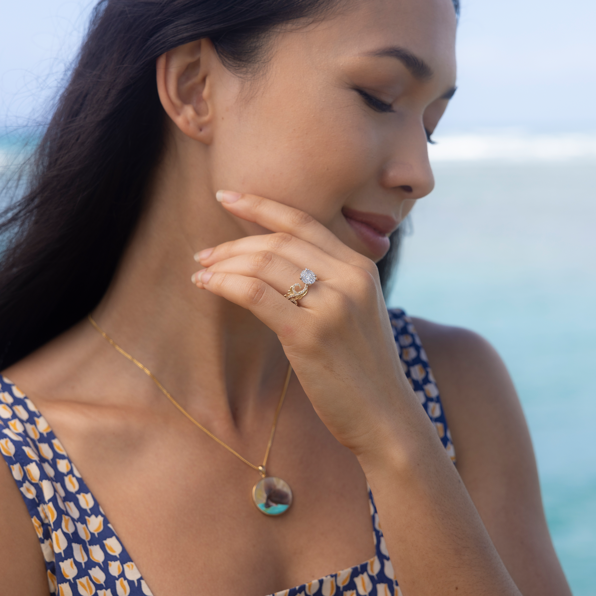 Hawaiian Heirloom Engagement Ring in Two Tone Gold with Diamonds