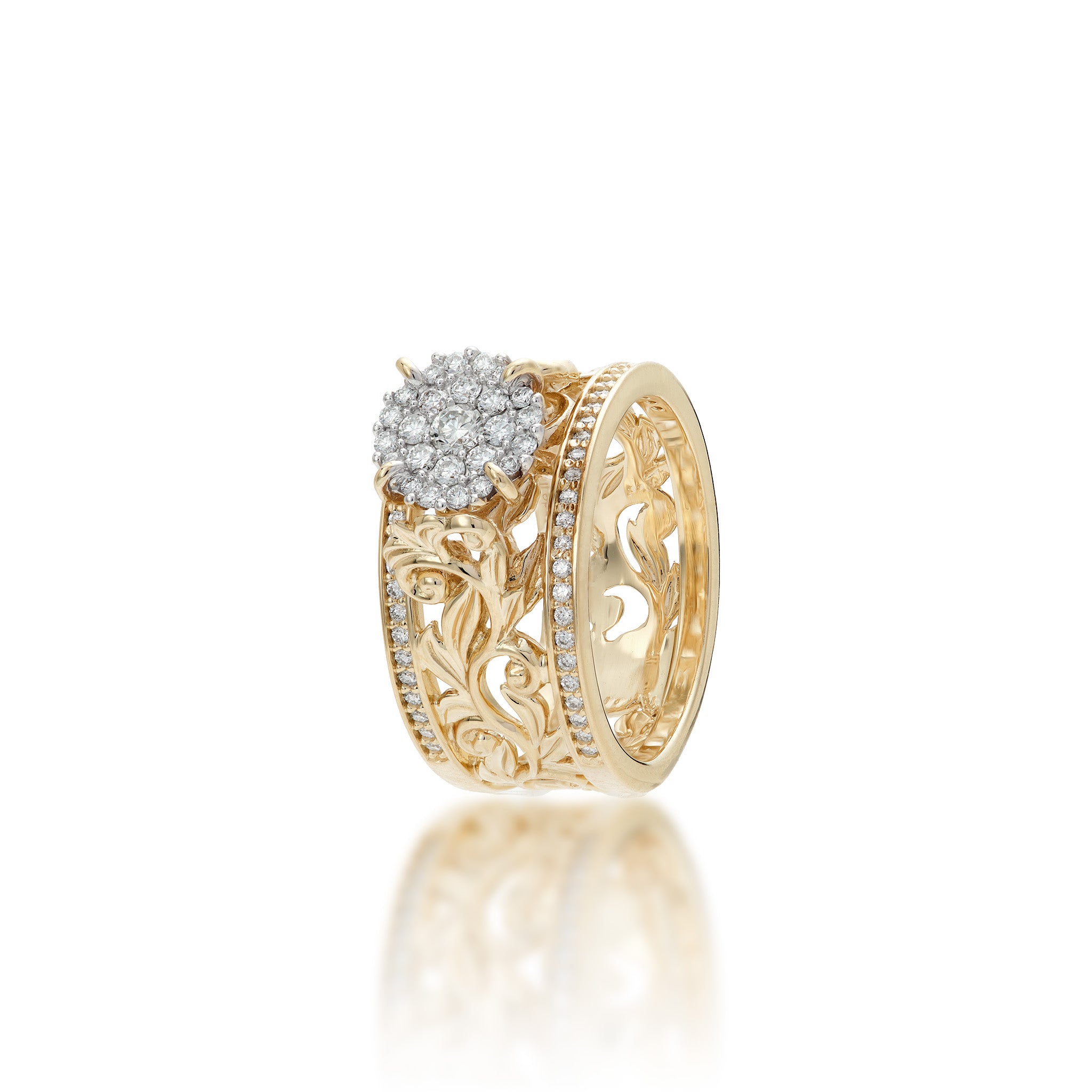 Angle view of the 10mm Living Heirloom Engagement Ring in 14k Yellow Gold with Diamonds on a white background