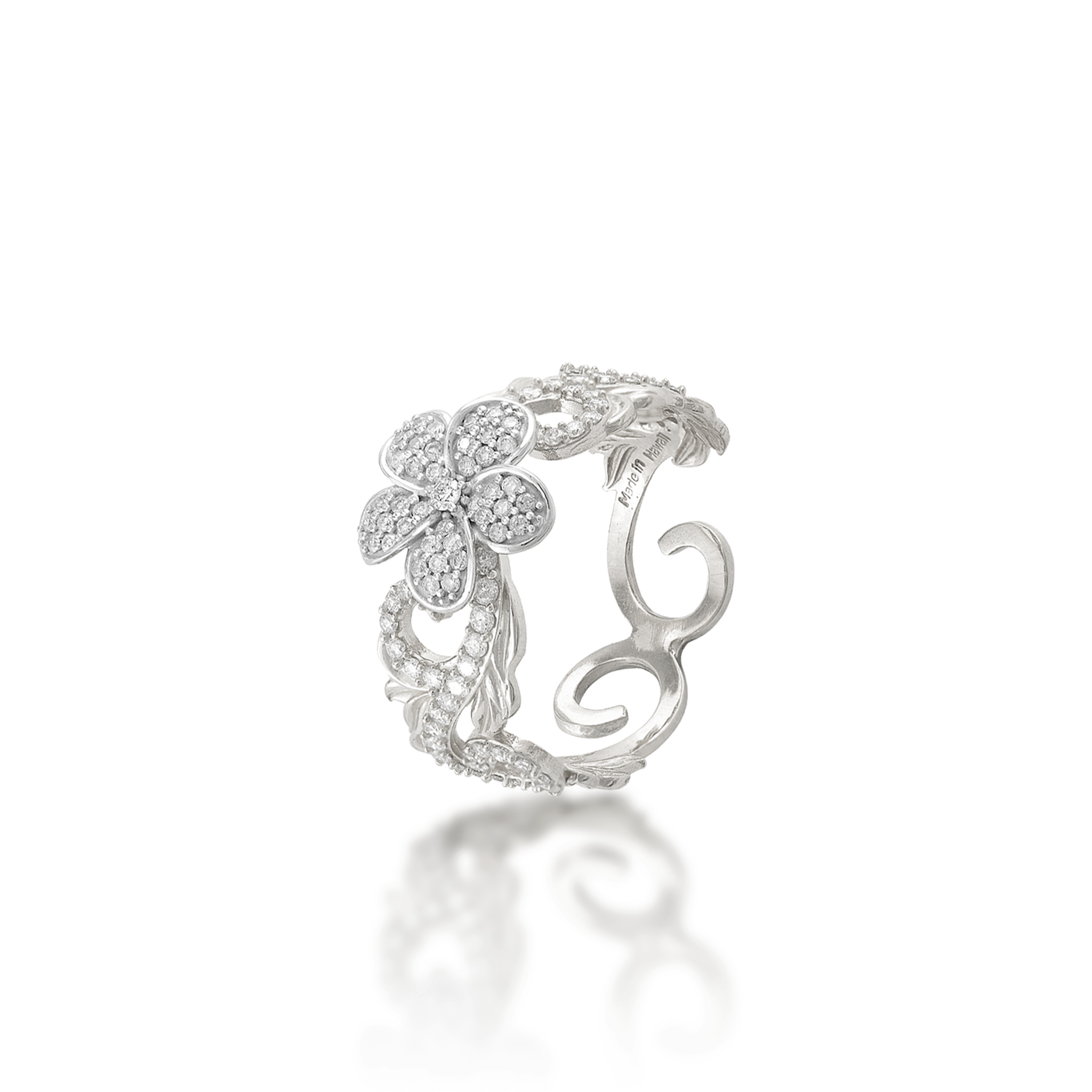 Hawaiian Heirloom Plumeria Ring in White Gold with Diamonds - 10mm