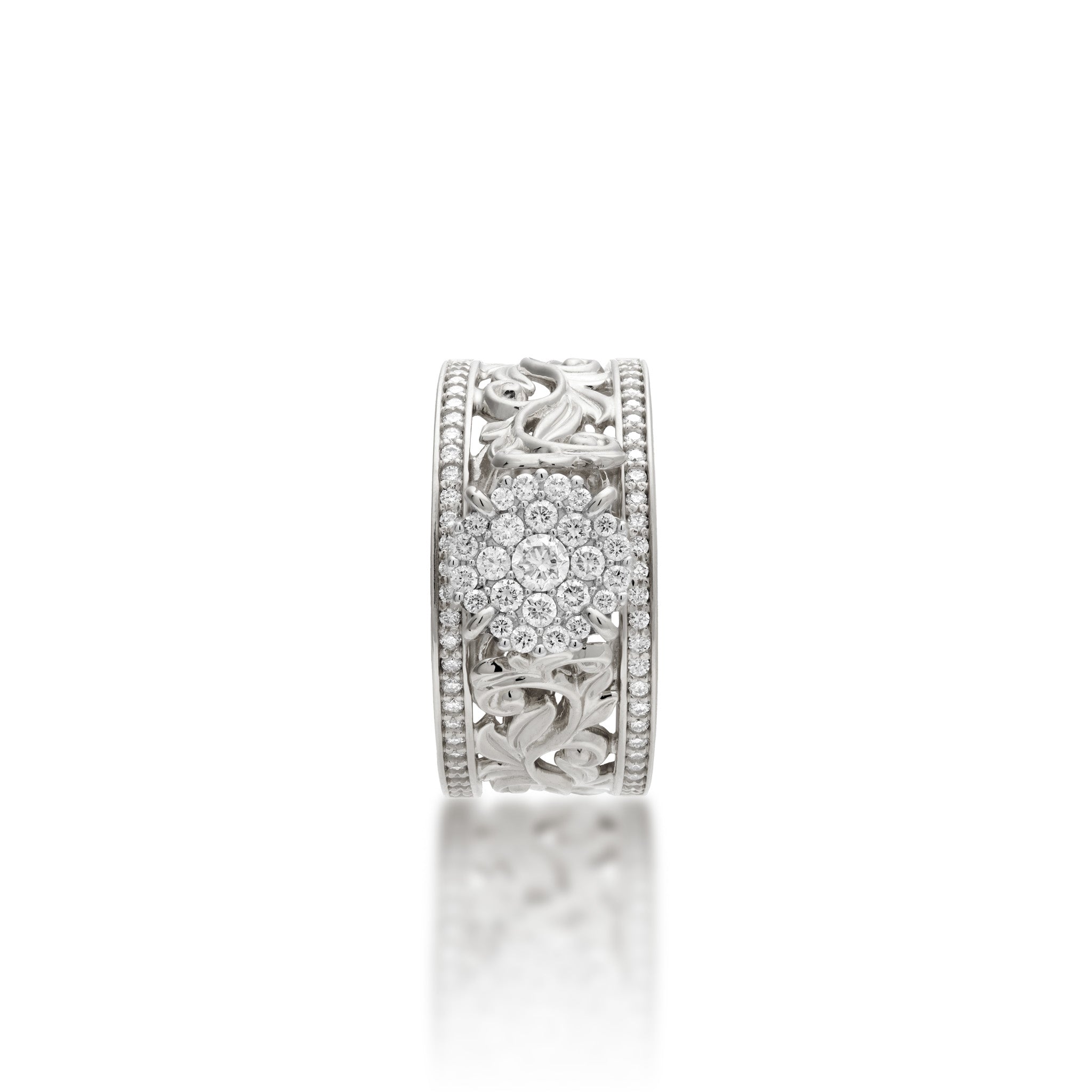 Crown view of the 10mm Living Heirloom Engagement Ring in White Gold with Diamonds on a white background