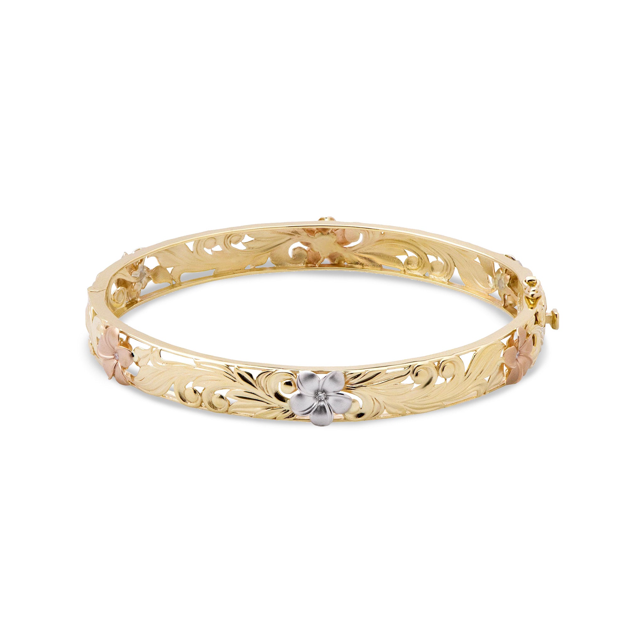 Hawaiian Heirloom Plumeria Hinge Bracelet in Tri Color Gold with Diamonds- 8mm