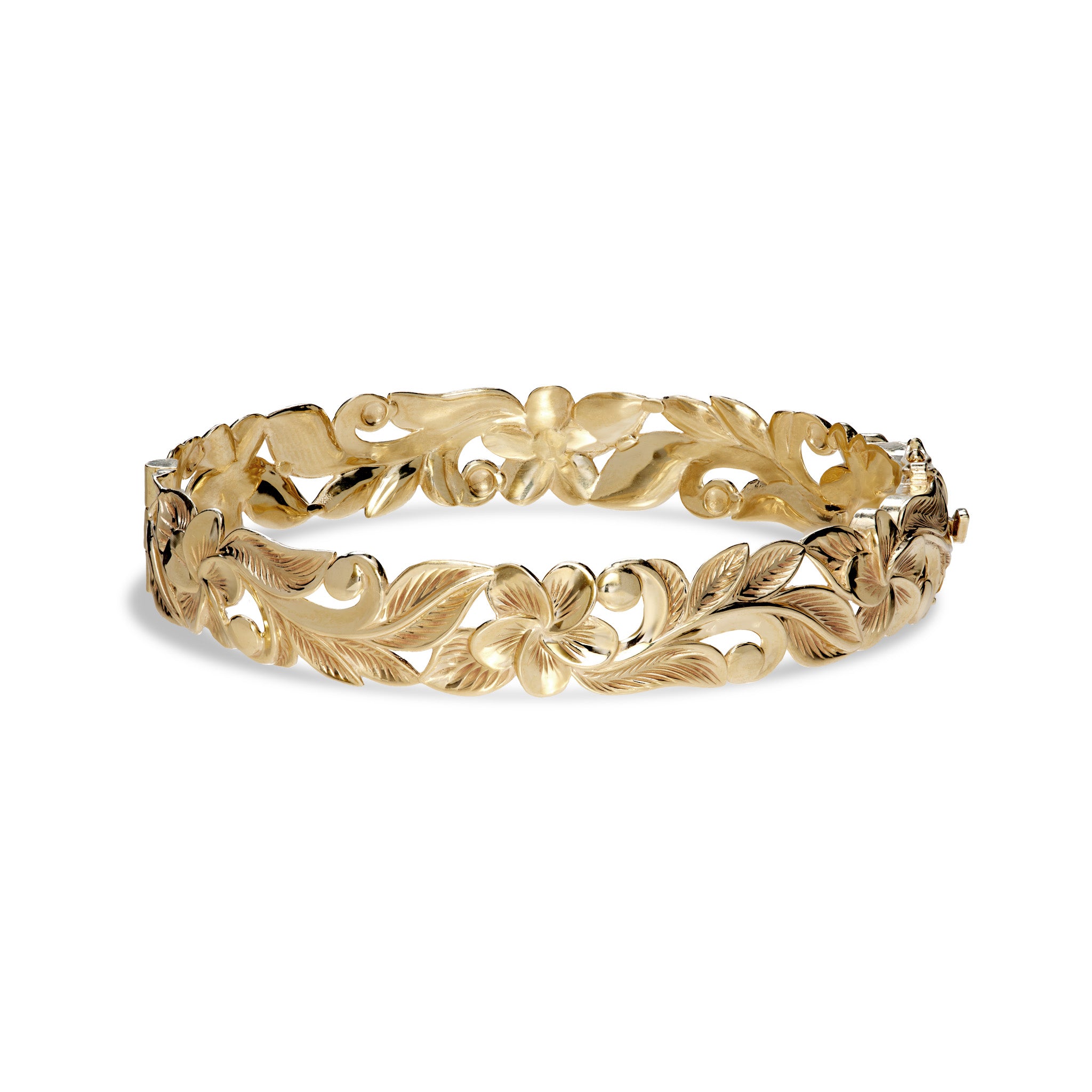 Hawaiian Heirloom Plumeria Hinge Bracelet in Gold - 12mm
