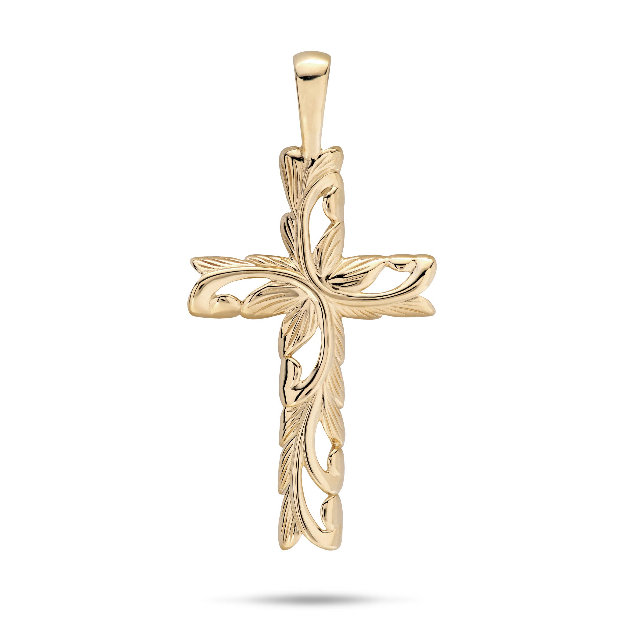 33mm Hawaiian Heirloom Old English Scroll Cross Pendant in 14k Yellow Gold on a white background