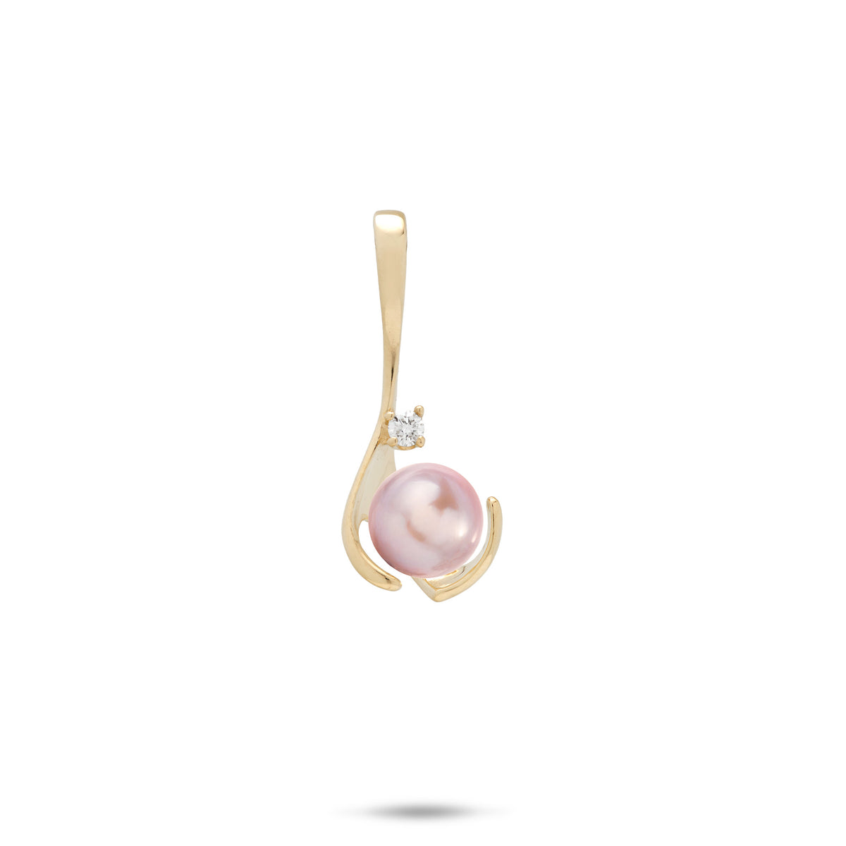 A 14k yellow gold drop pendant with a diamond and lavender freshwater pearl, shown on a white background