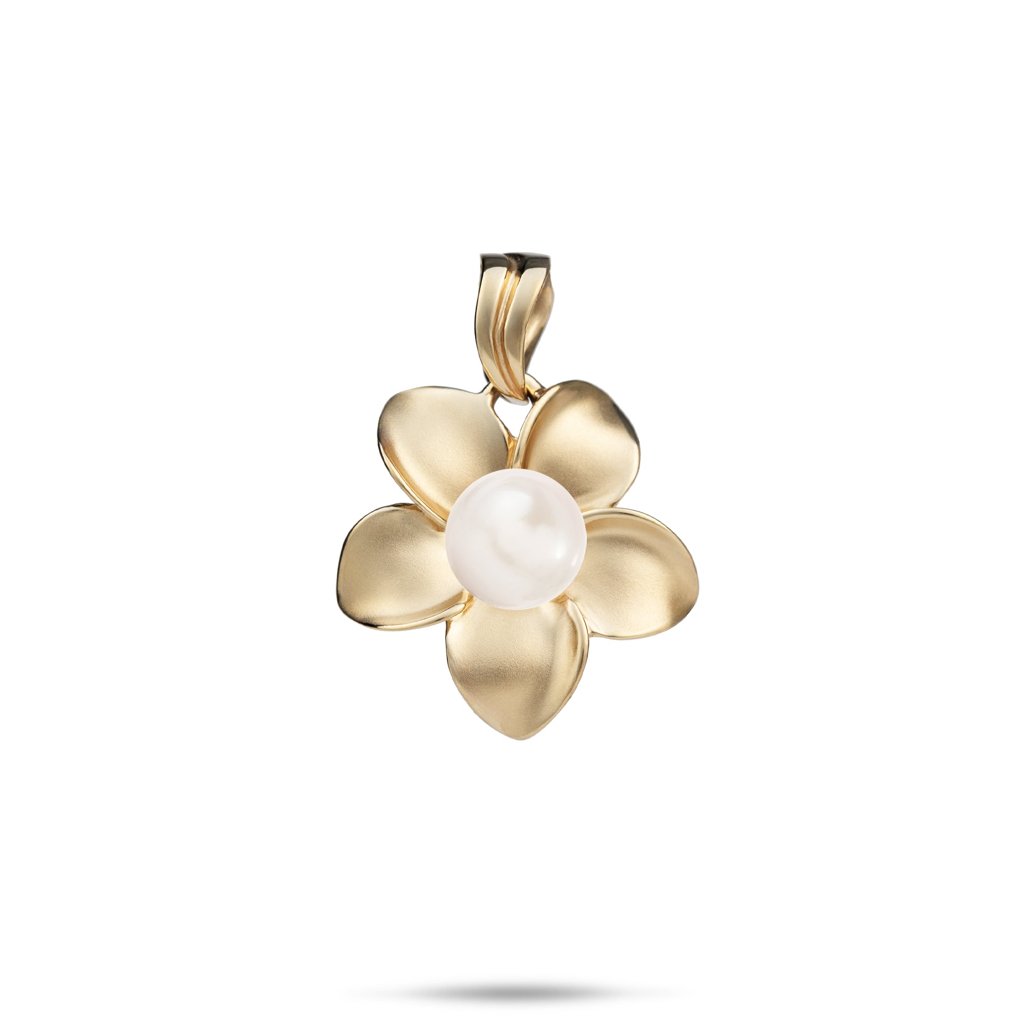 18mm Pick A Pearl Plumeria Pendant in Gold with a White Pearl on a white background