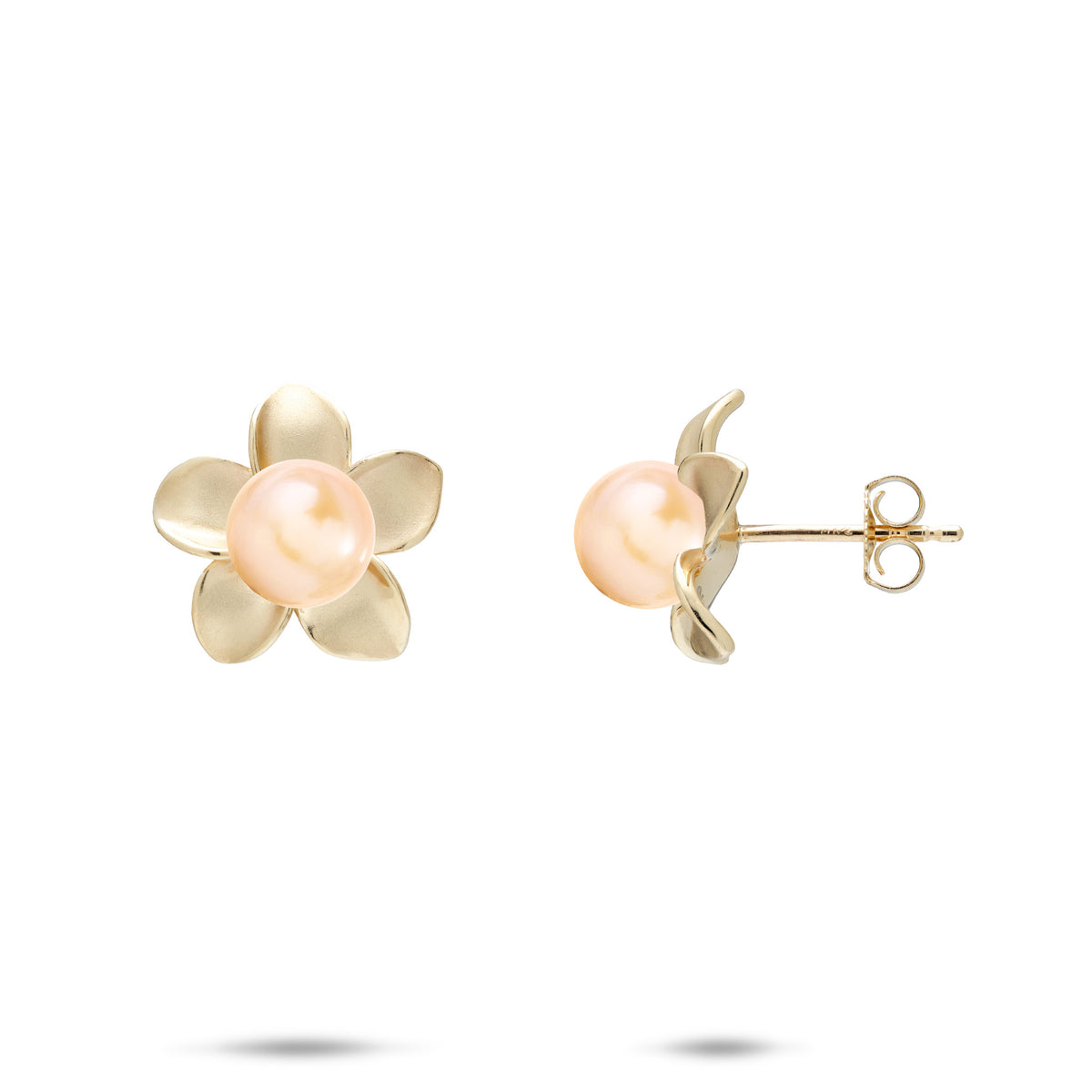 A pair of 13mm 14k yellow gold plumeria flower earrings with a peach freshwater pearl at the center, shown with a front and side view against a white background