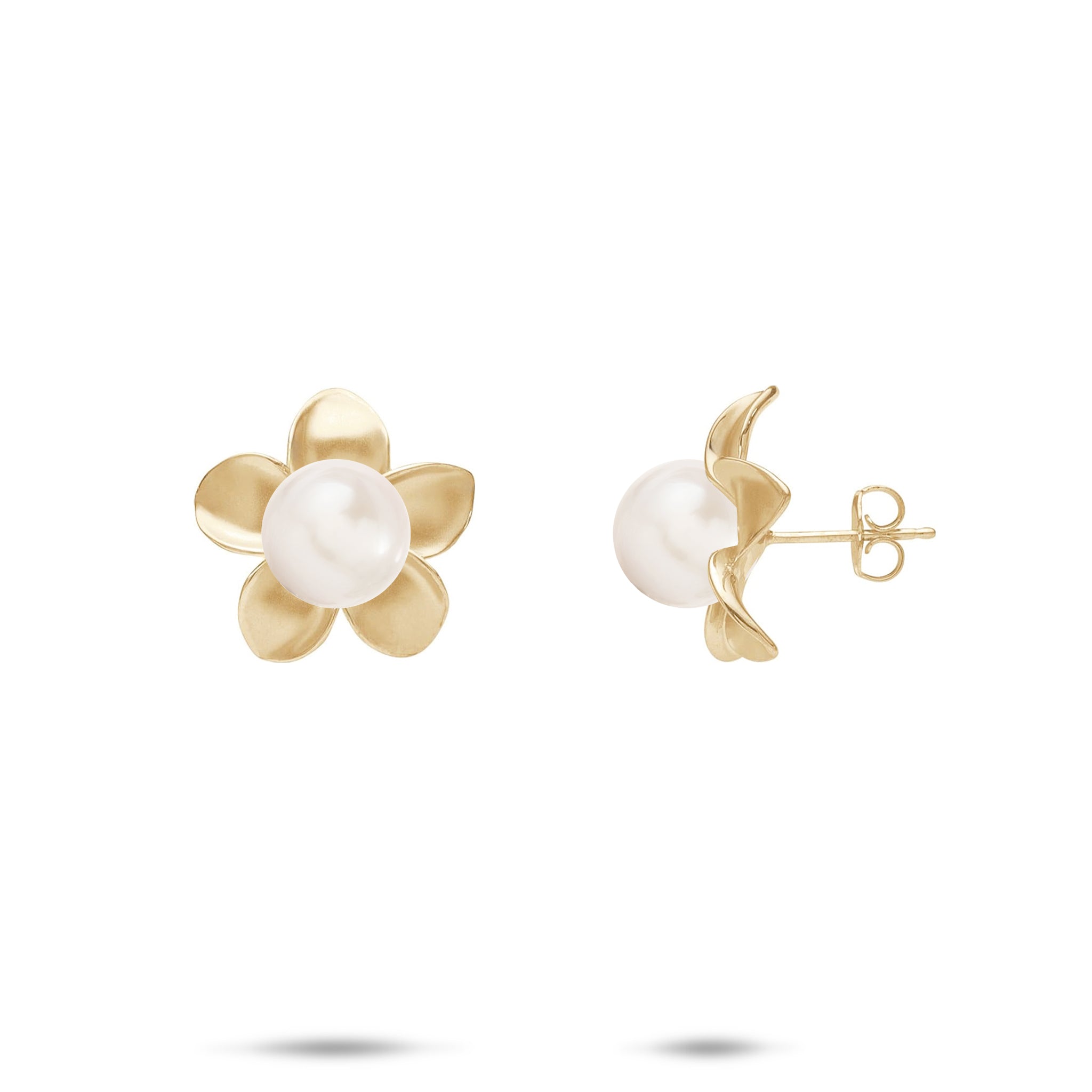 13mm Pick A Pearl Plumeria Earrings in Gold with White Pearls on a white background