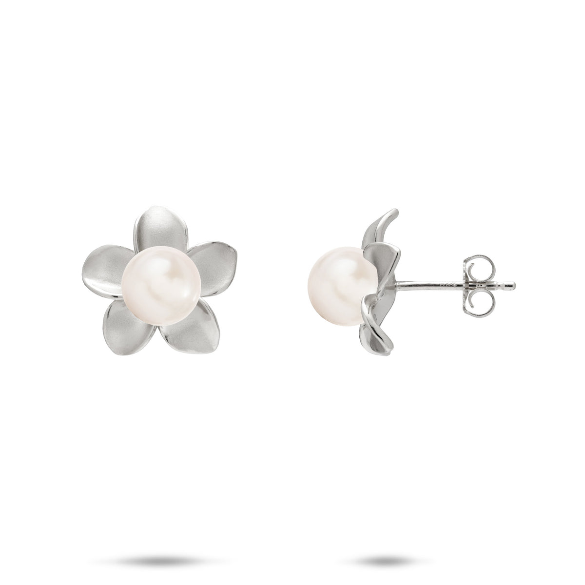 A pair of 14k white gold plumeria flower stud earrings with white freshwater pearls, shown with a front and side profile view on a white background