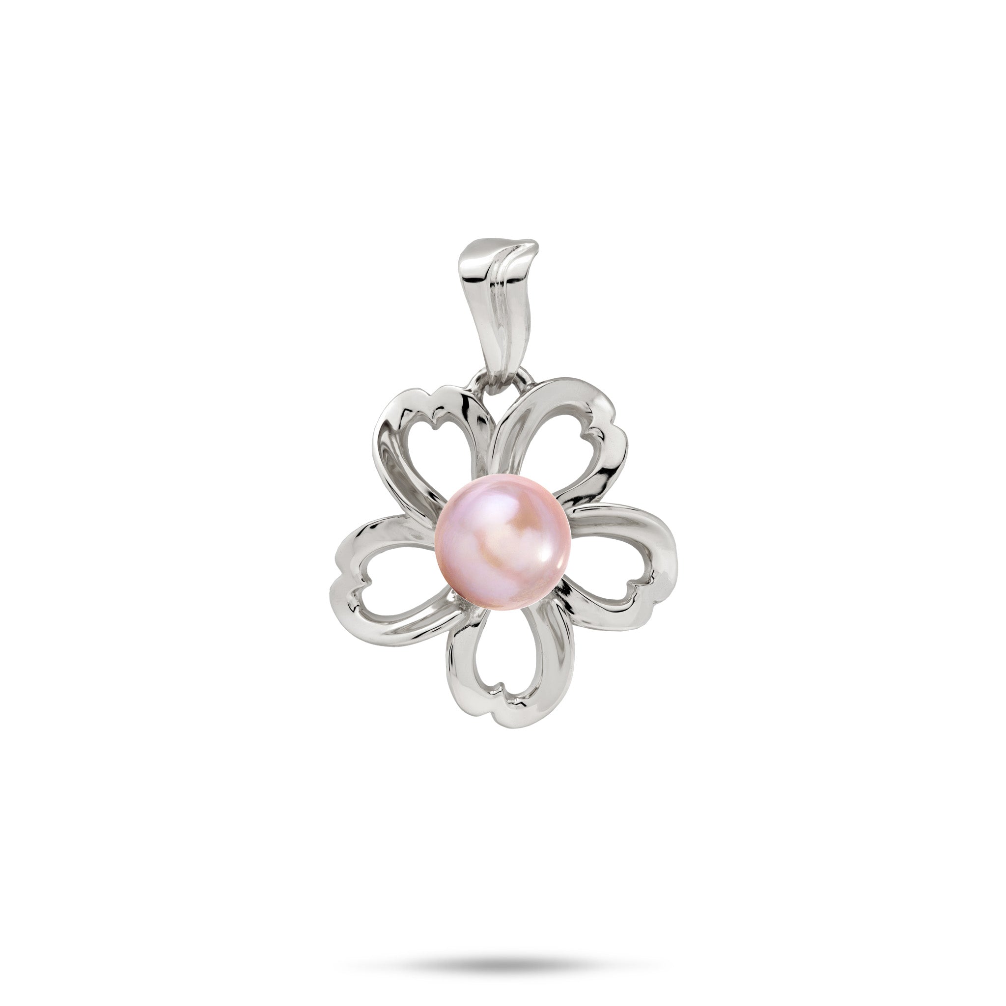 An 18mm high-polish 14k white gold plumeria flower-shaped pendant with cut-out heart shape metals featuring a central lavender freshwater pearl, shown against a plain white background with a soft shadow underneath