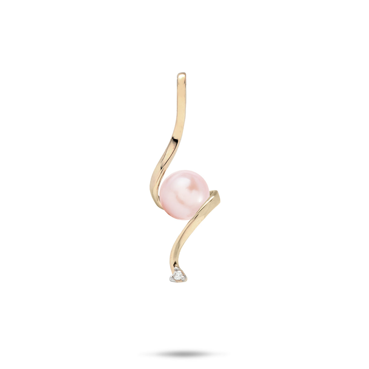 Swirling Waterfall Pendant in high-polish 14k Yellow Gold with a Lavender Freshwater Pearl in the Center and a Diamond at the Bottom against a white background