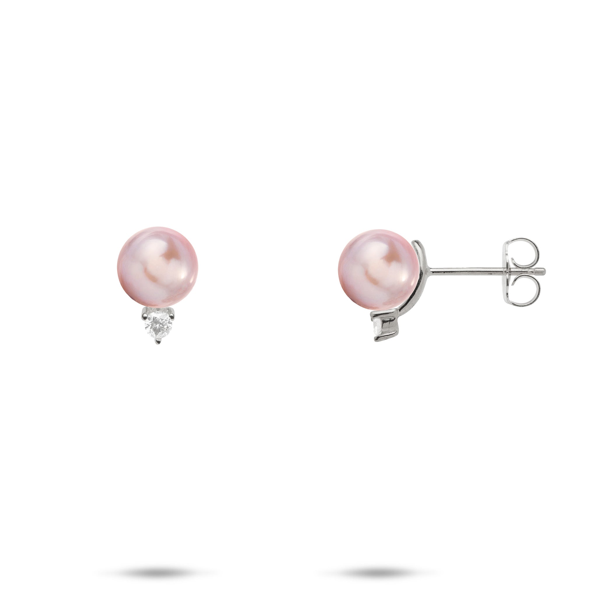 Pick A Pearl Earrings in White Gold with Diamonds and Lavender Pearls on a white background