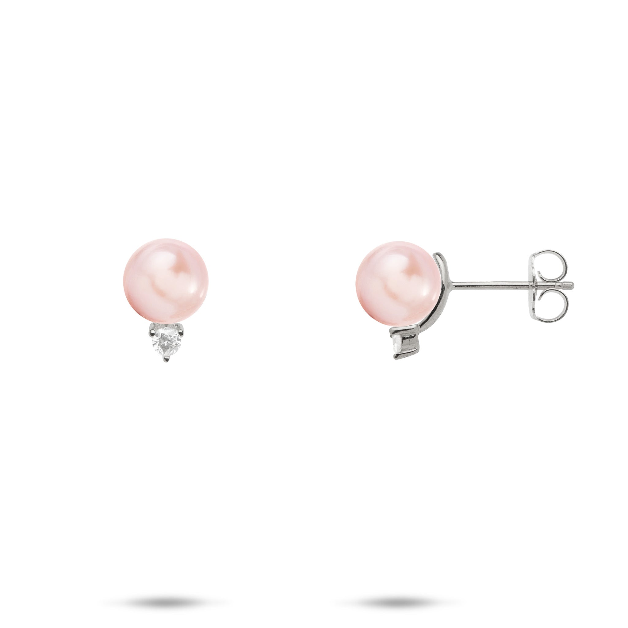 Pick A Pearl Earrings in White Gold with Diamonds and Pink Pearls on a white background