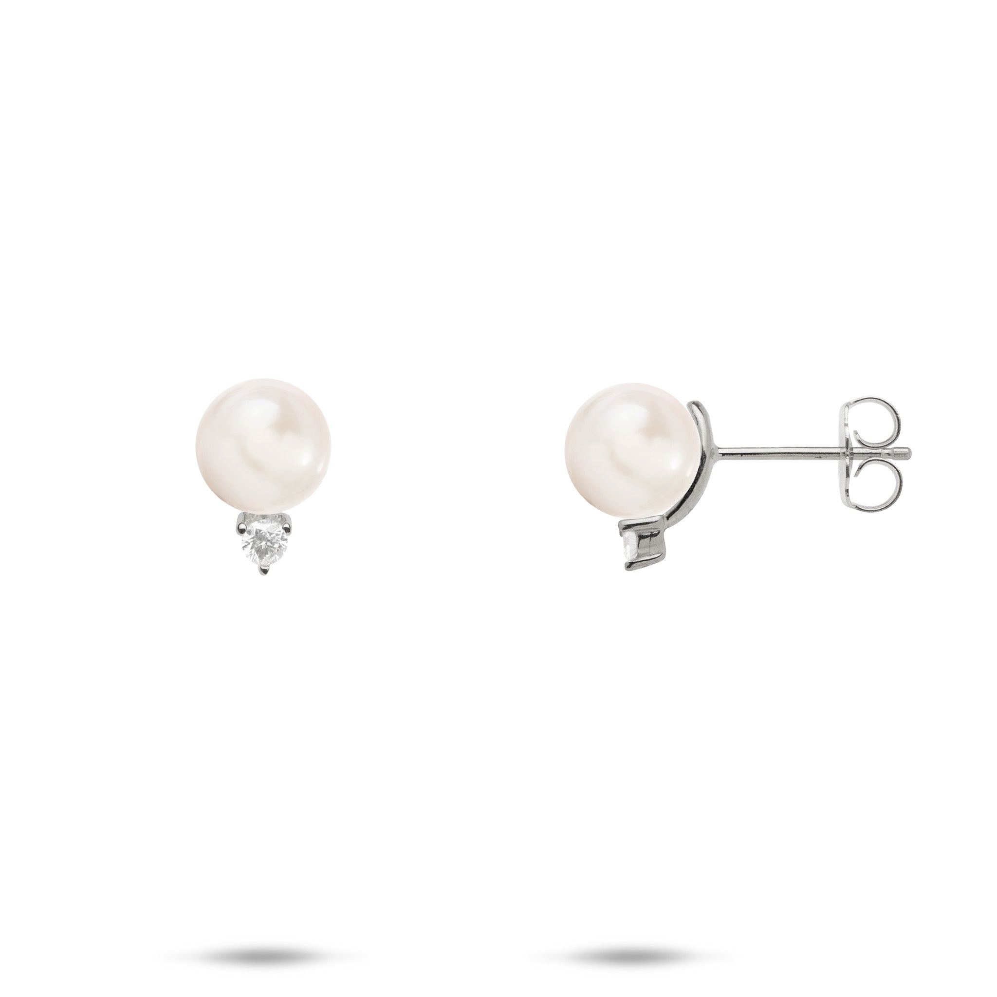 Pick A Pearl Earrings in White Gold with Diamonds and White Pearls on a white background