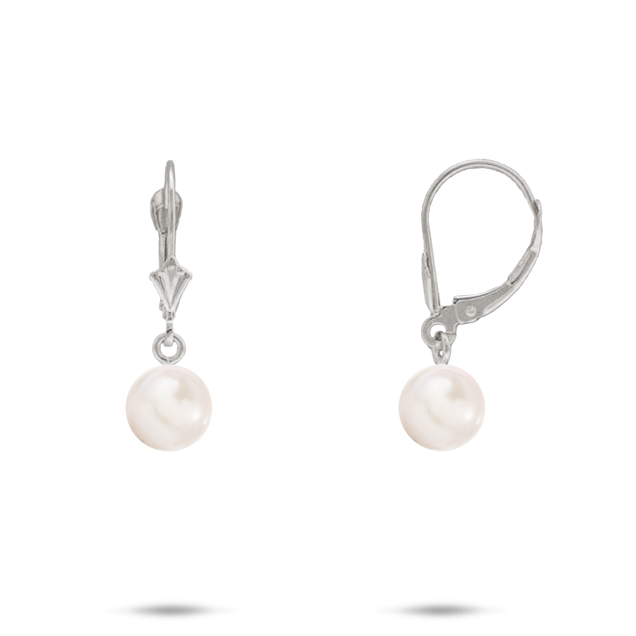 Pick A Pearl Earrings in White Gold with White Pearls on a white background