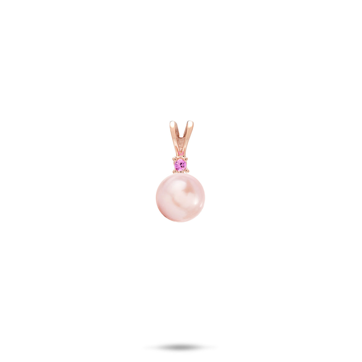A simple 14k rose gold pendant with a V shape bail, a pink sapphire, and pink freshwater pearl, shown on a white background
