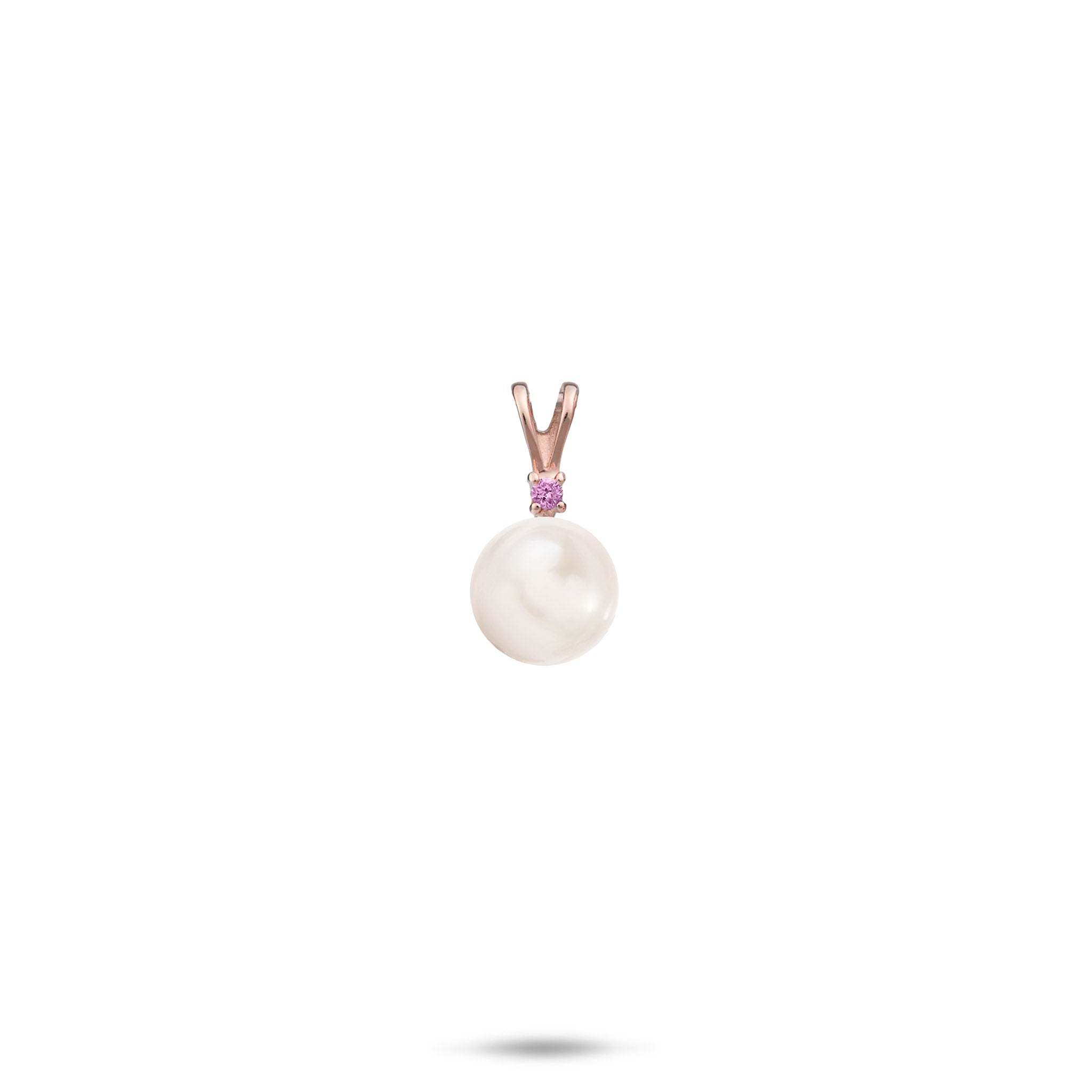 Pick A Pearl Pendant in Rose Gold with Pink Sapphire and White Pearl on a white background