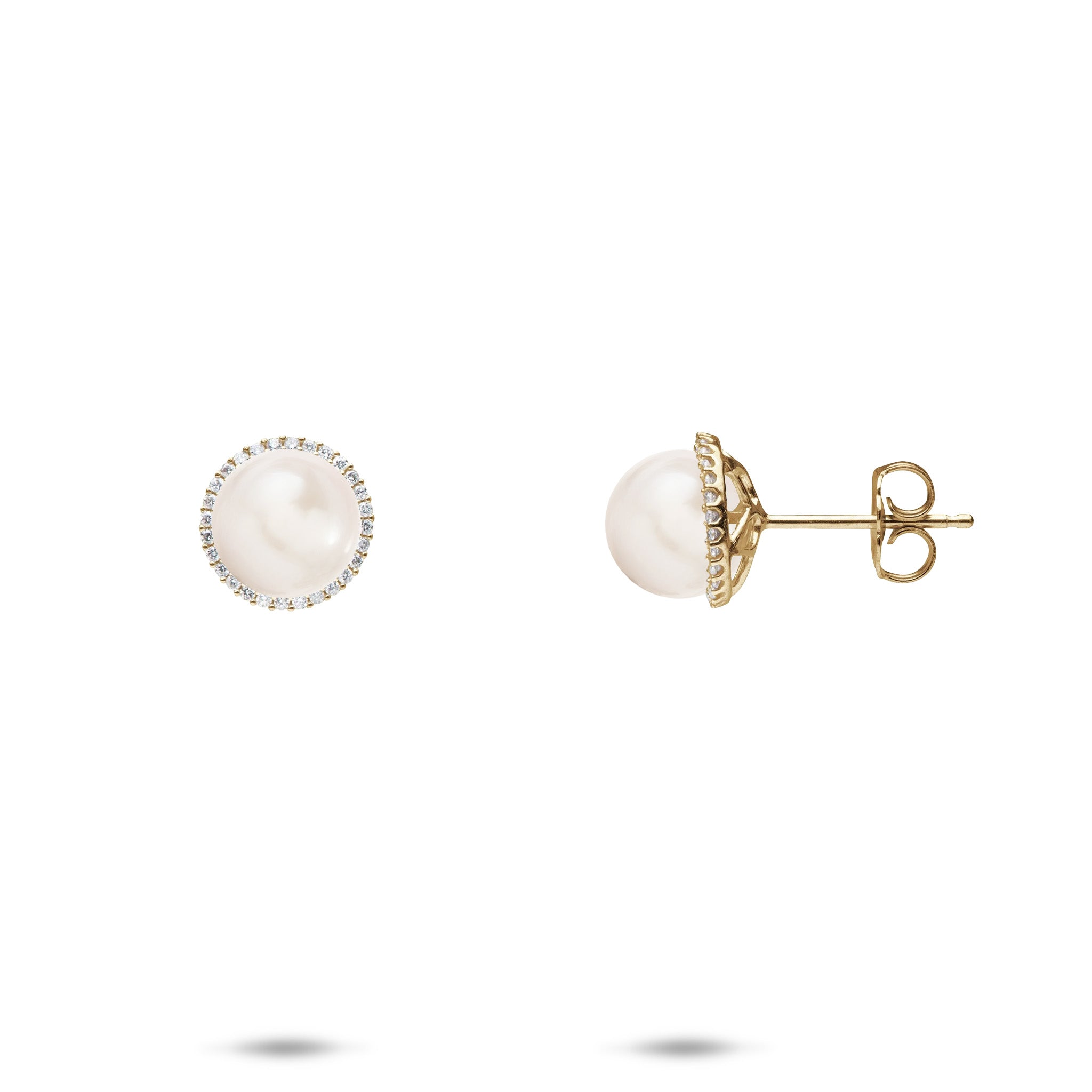 Pick A Pearl Halo Earrings in Gold with Diamonds and White Pearls on a white background