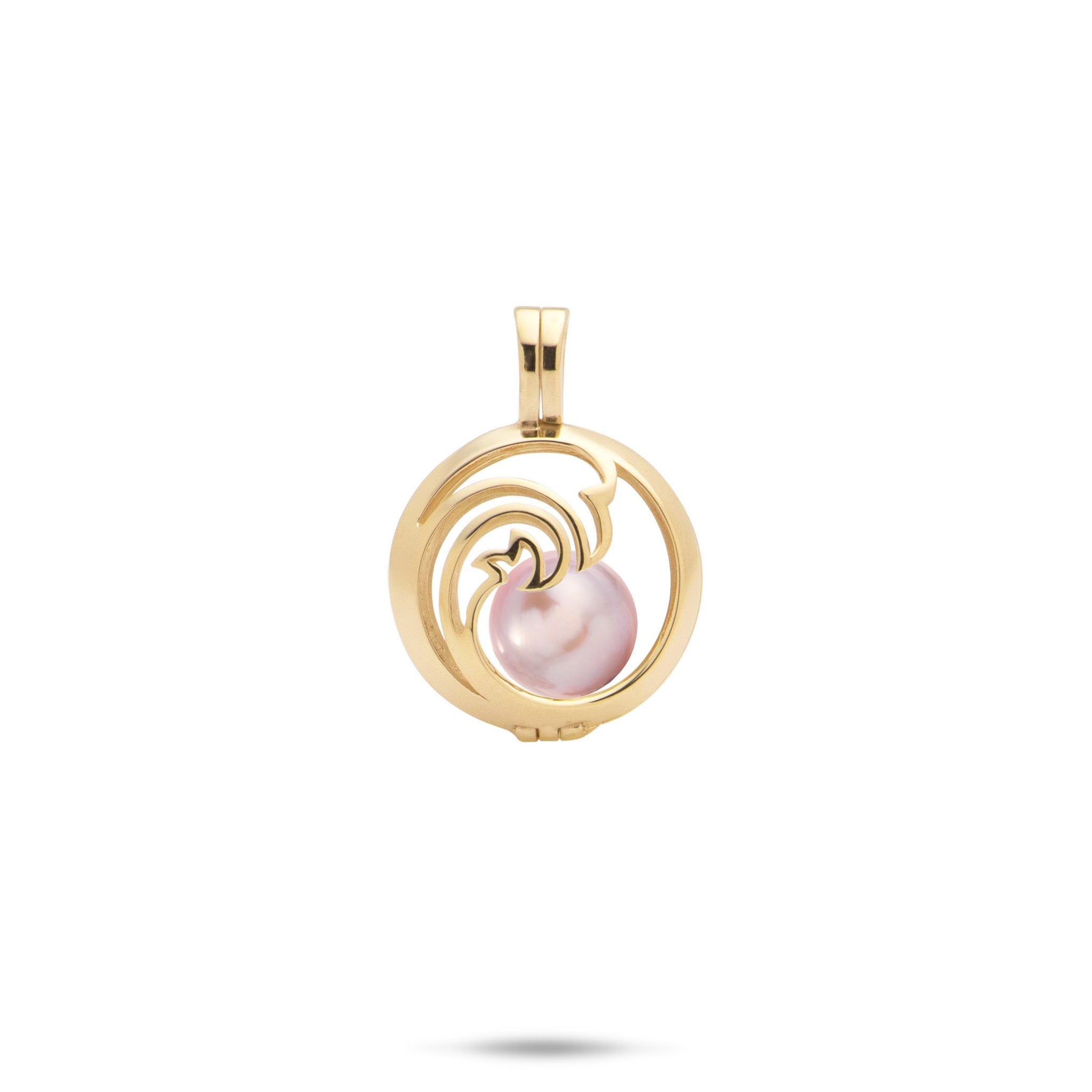 Pick A Pearl Nalu Cage Pendant in Gold with a Lavender Freshwater Pearl on a white background