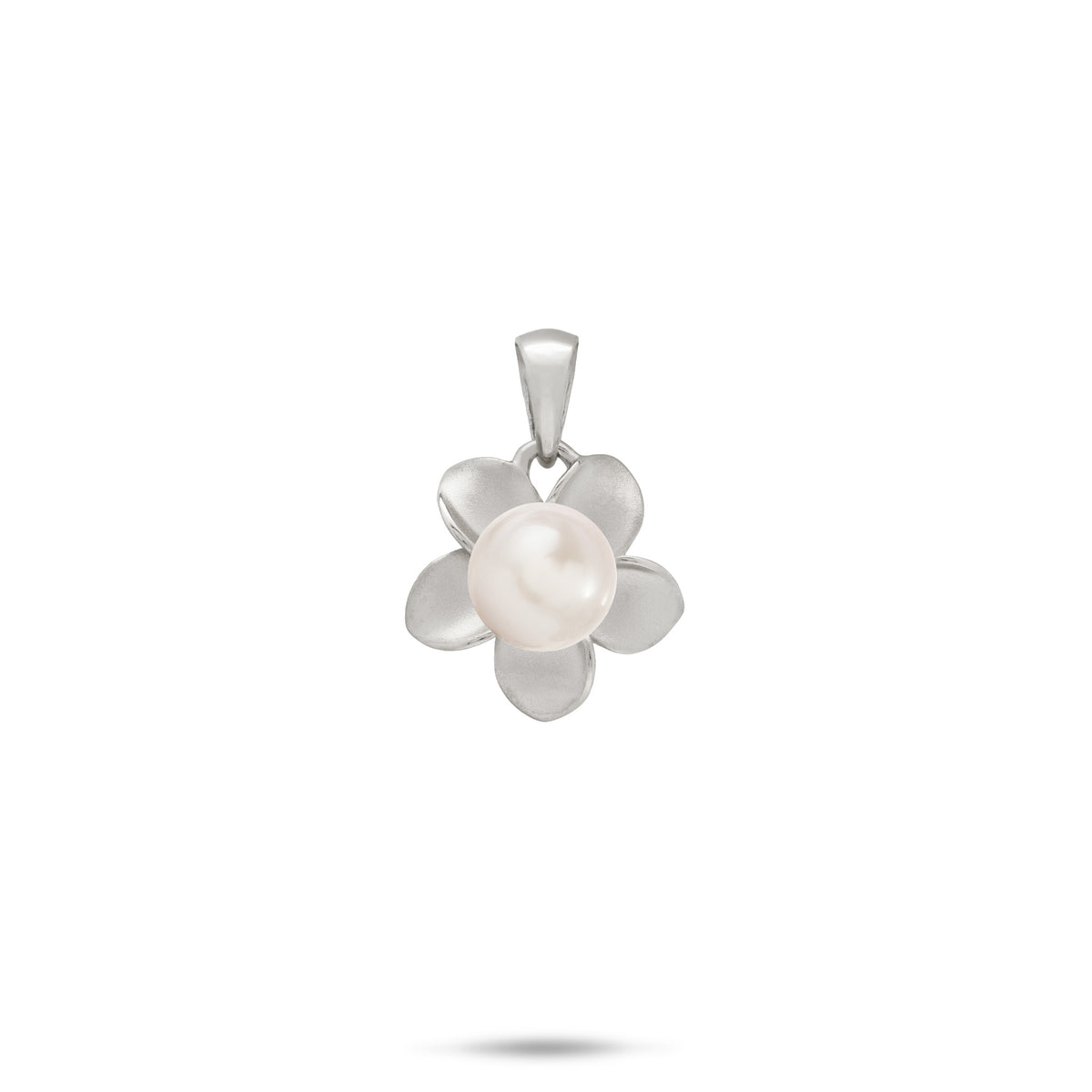 A 13mm 14k white gold plumeria flower pendant with a white freshwater pearl at the center, shown on a white background