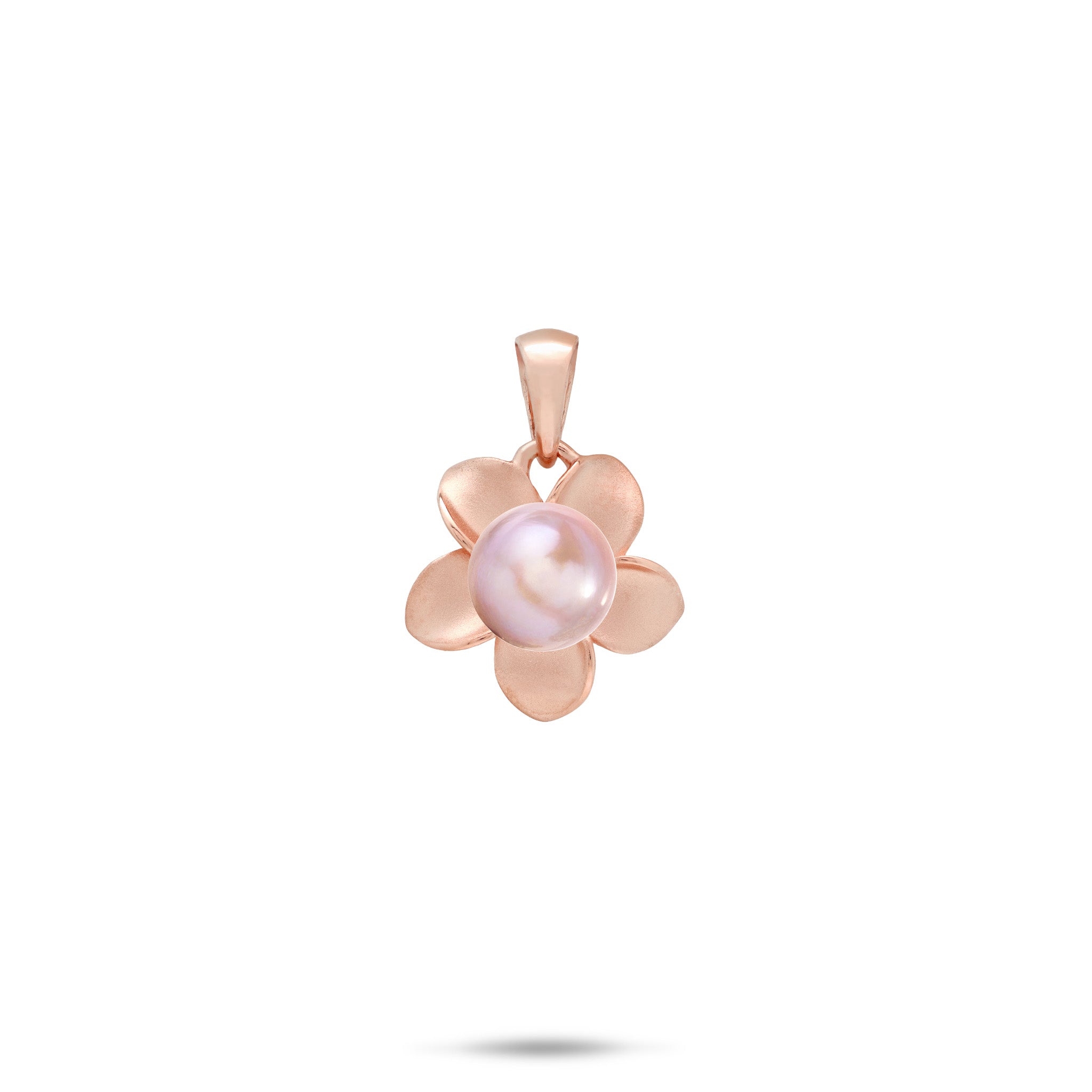 A 13mm 14k rose gold plumeria flower-shaped pendant featuring a central lavender freshwater pearl, shown against a plain white background with a soft shadow underneath.