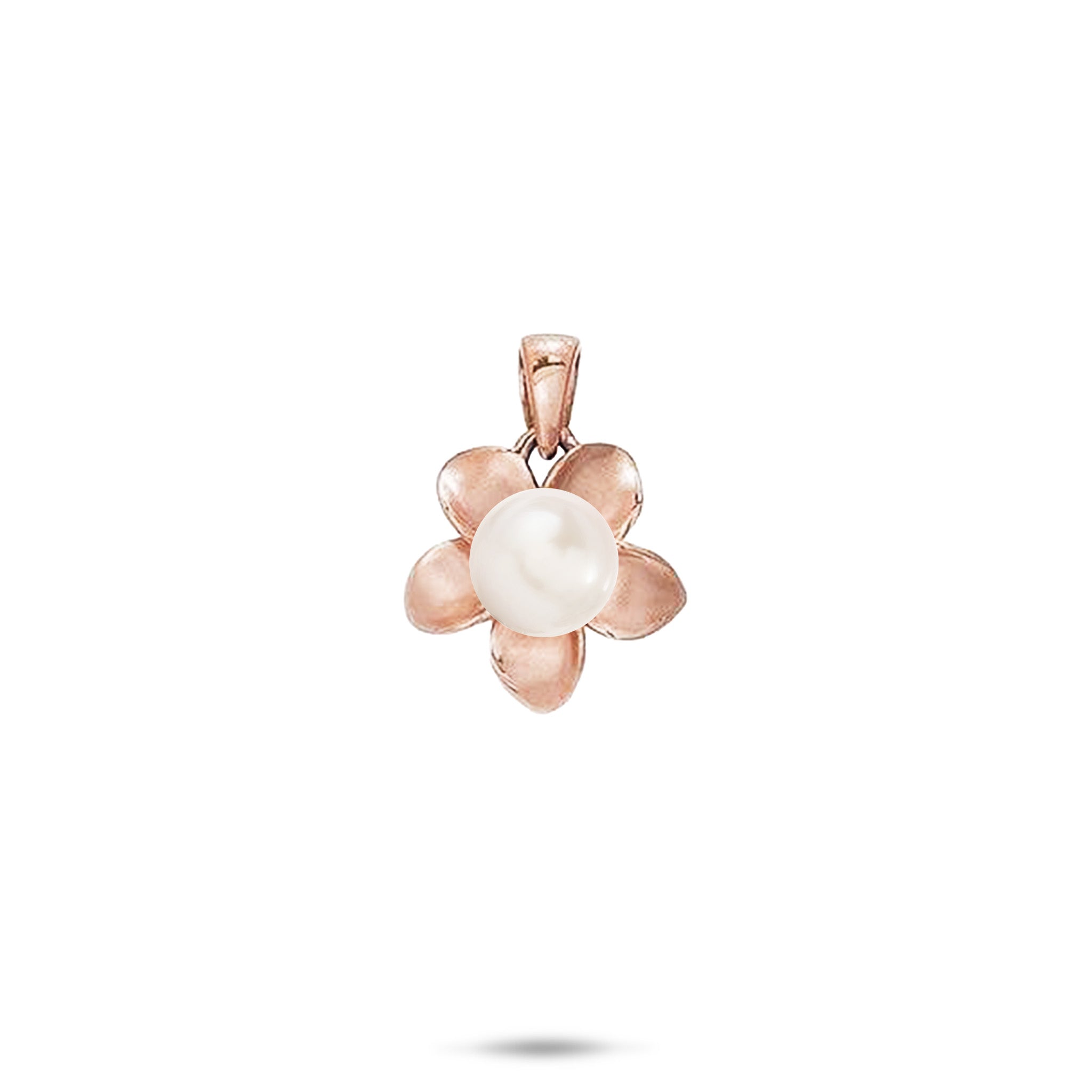 13mm Pick A Pearl Plumeria Pendant in Rose Gold with a White Pearl on a white background