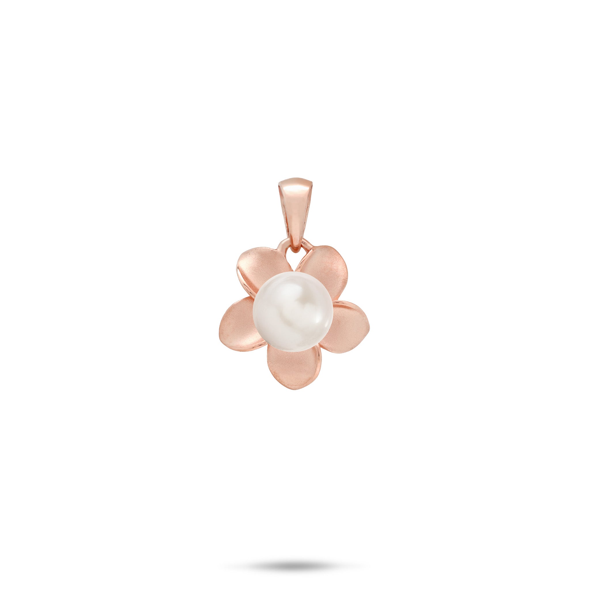 A 13mm 14k rose gold plumeria flower-shaped pendant featuring a central white freshwater pearl, shown against a plain white background with a soft shadow underneath.