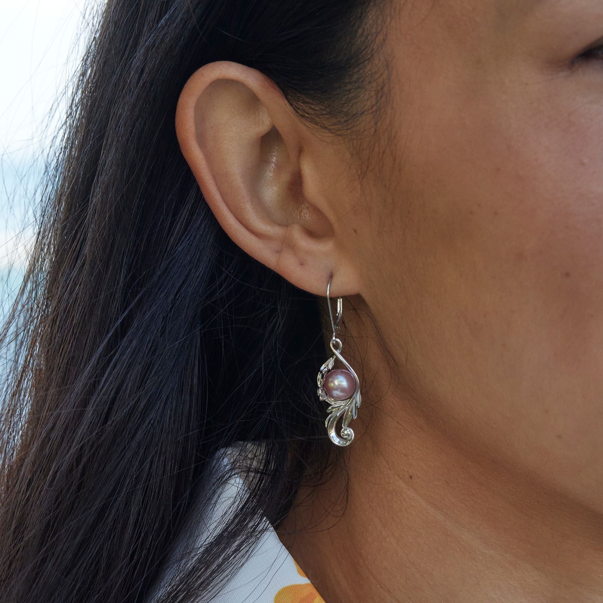 Pick A Pearl Maile Scroll Earrings in White Gold - 26mm