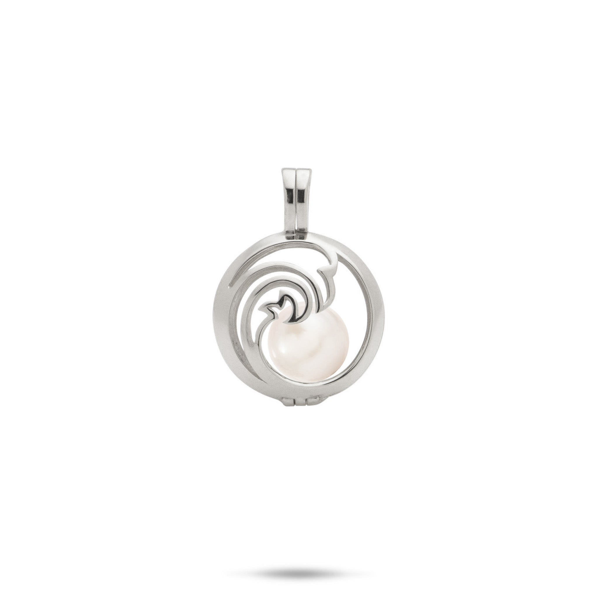 Pick A Pearl Nalu Cage Pendant in White Gold with a White Freshwater Pearl on a white background