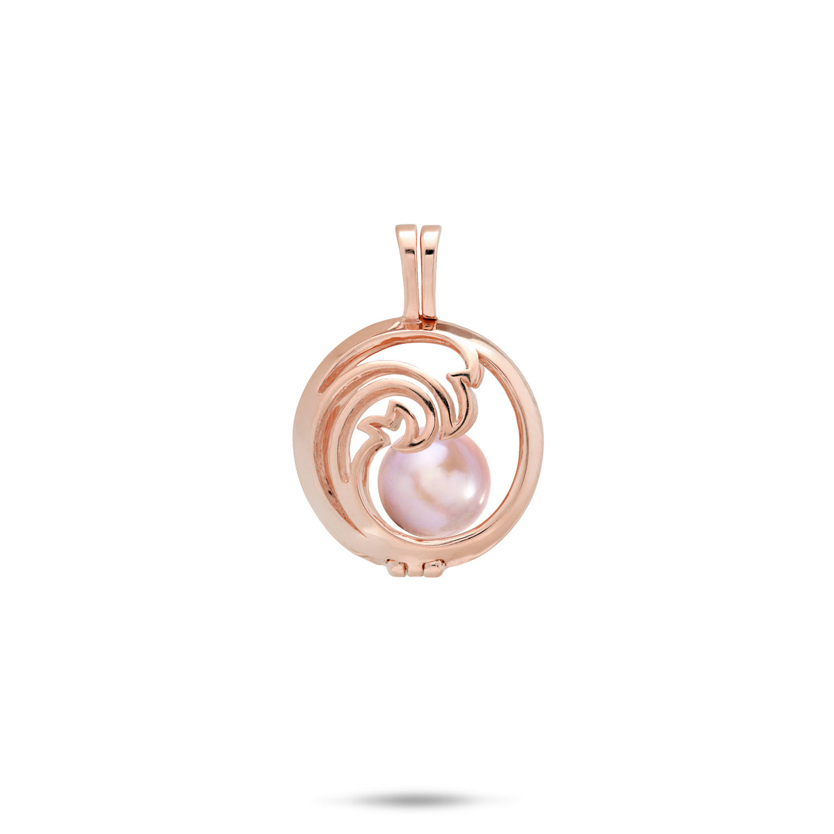 Pick A Pearl Nalu Cage Pendant in 14k Rose Gold with a Lavender Freshwater Pearl on a white background