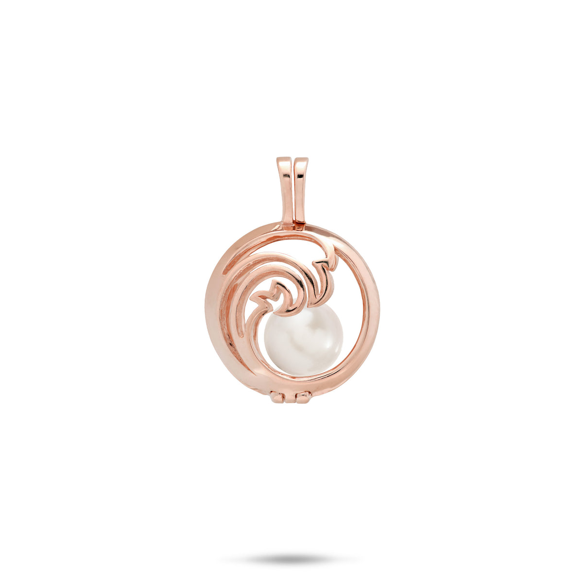 Pick A Pearl Nalu Cage Pendant in 14k Rose Gold with a White Freshwater Pearl on a white background