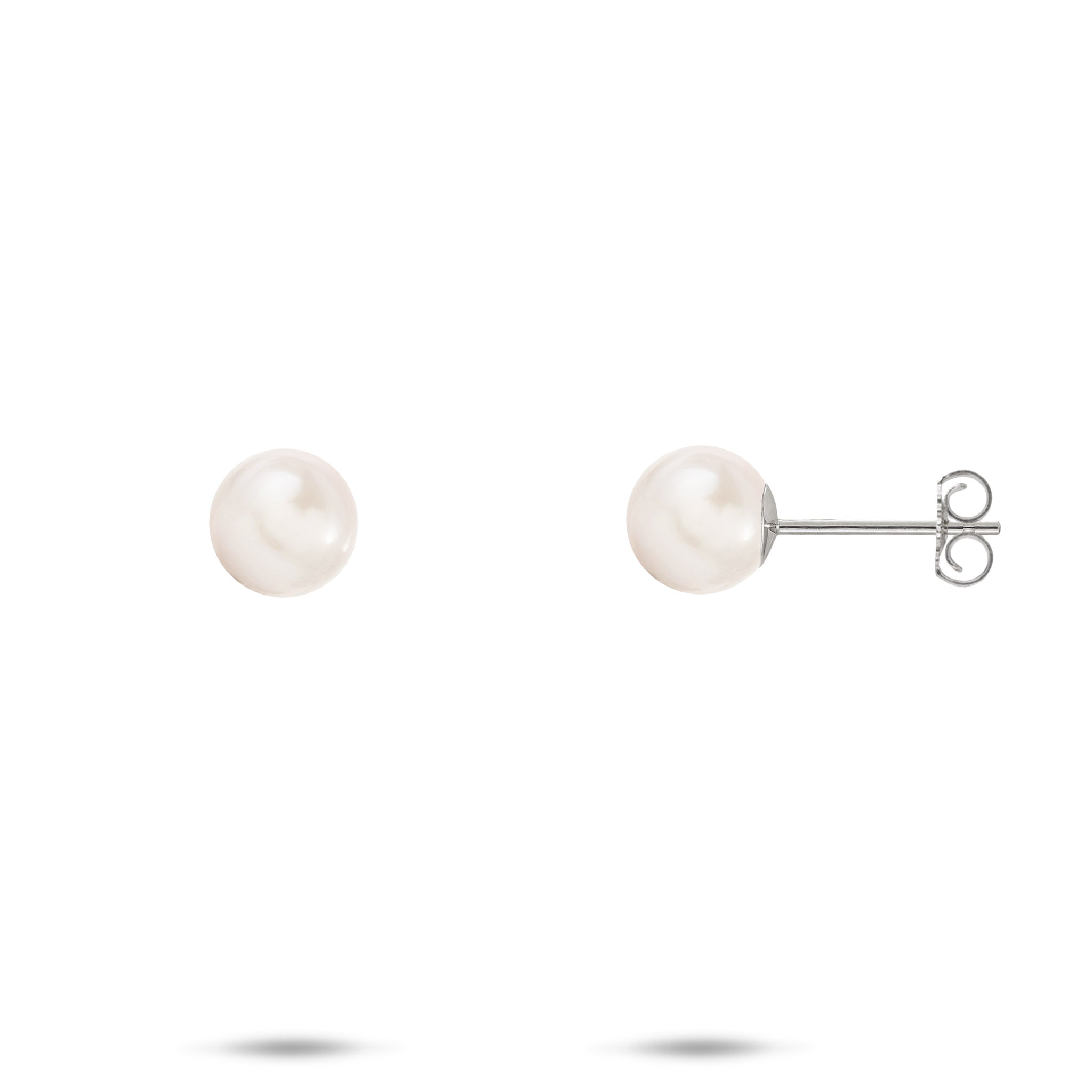 Pick A Pearl Earrings in White Gold with White Pearls on a white background