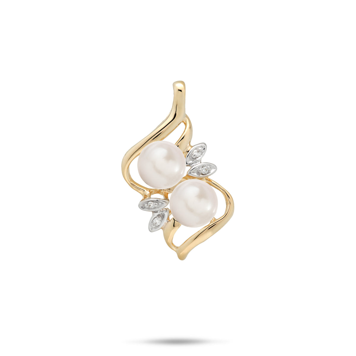 A 14k yellow gold pendant featuring two white freshwater pearls and small clear diamonds in a maile leaf style setting, set against a plain white background