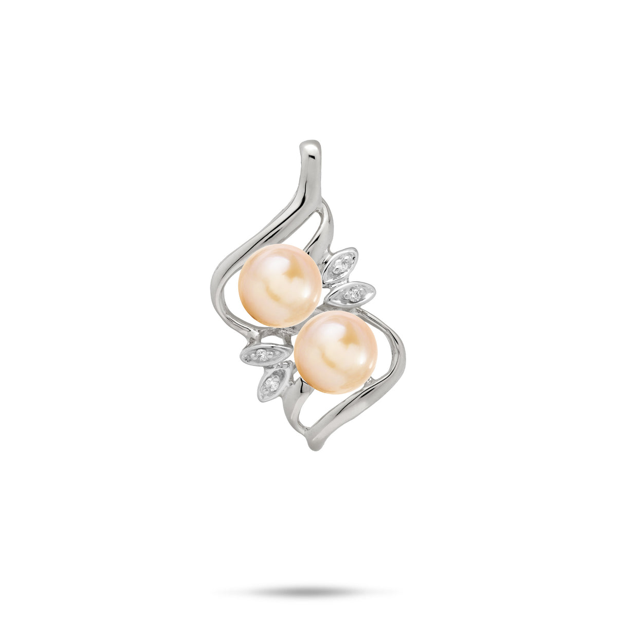 A 14k white gold pendant featuring two peach freshwater pearls and diamonds in maile leaf style settings, set against a plain white background
