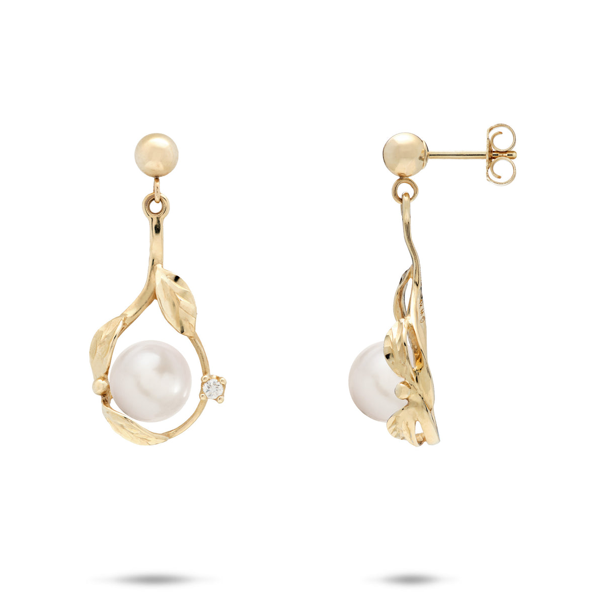 Diamond-cut Maile Leaf Teardrop Ball Post Earrings in 14k Yellow Gold with Diamond Accents and White Freshwater Pearls on a white background