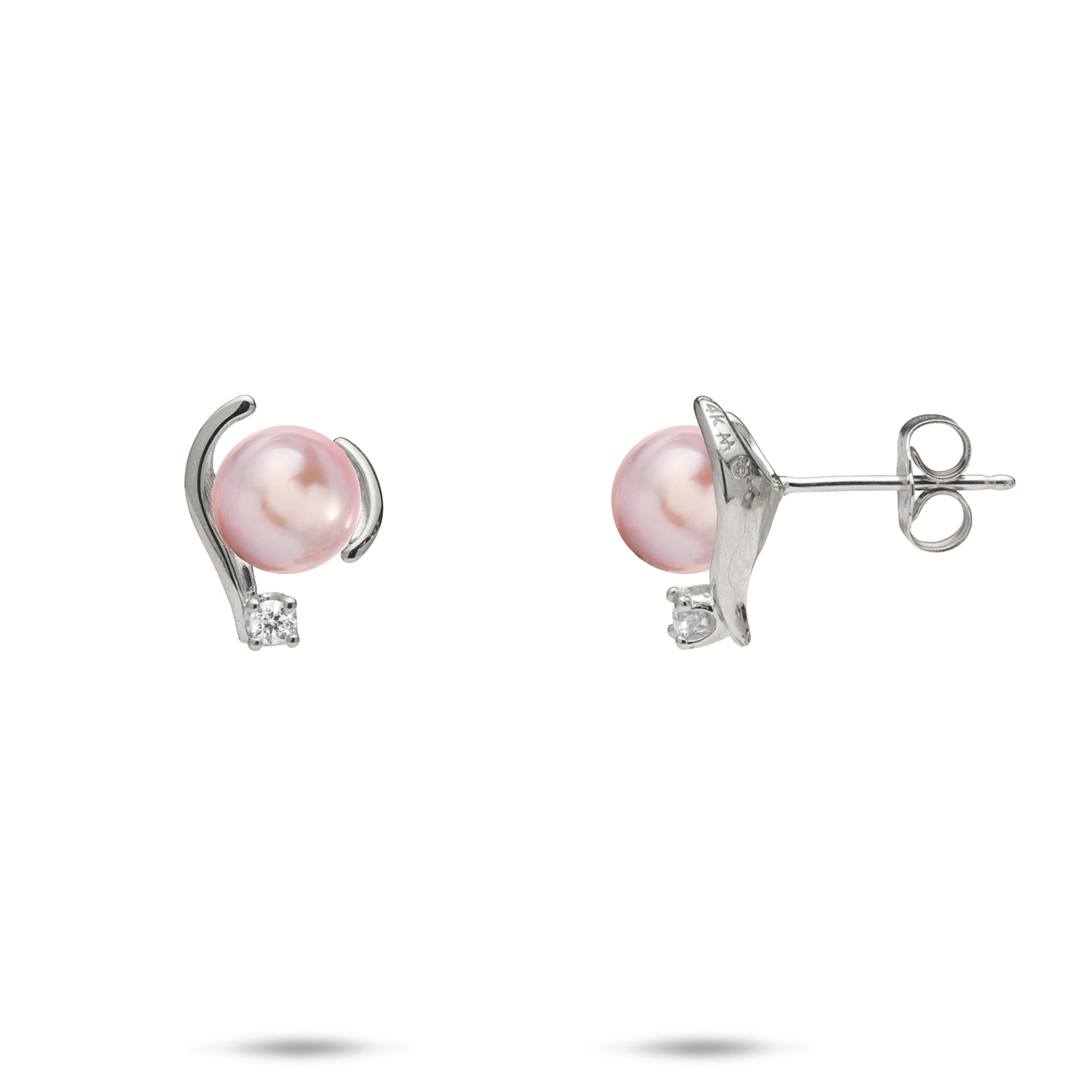 12mm Pick A Pearl Earrings in White Gold with Diamonds and Lavender Pearls on a white background