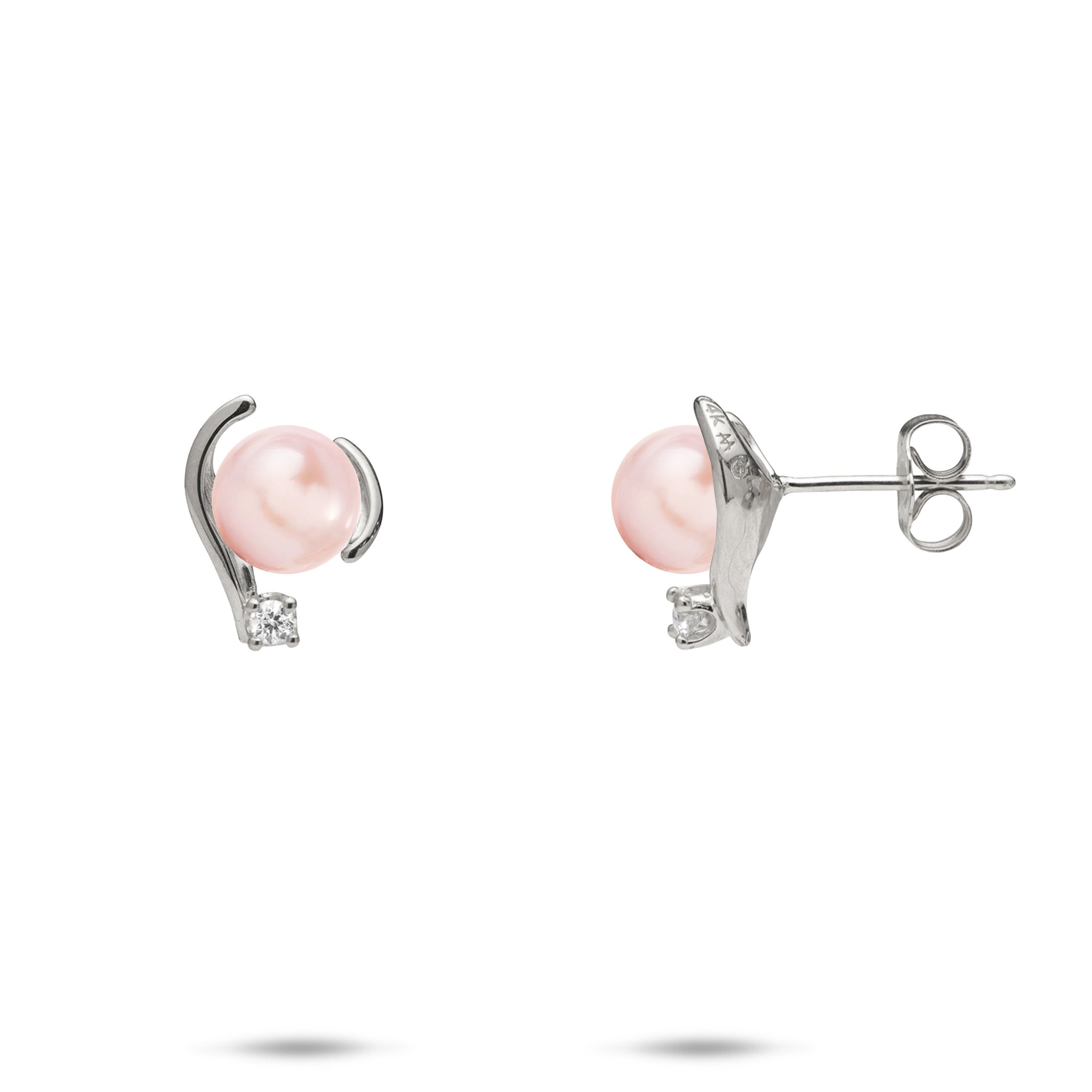 12mm Pick A Pearl Earrings in White Gold with Diamonds and Pink Pearls on a white background