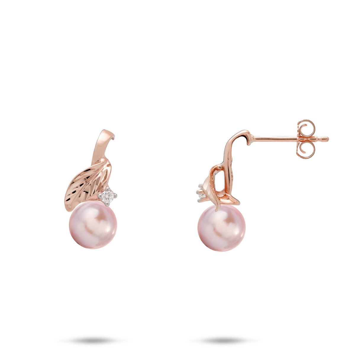 A pair of 14k rose gold diamond-cut maile lef stud earrings with a single diamond accent and lavender freshwater pearl, shown with a front and side view against a white background
