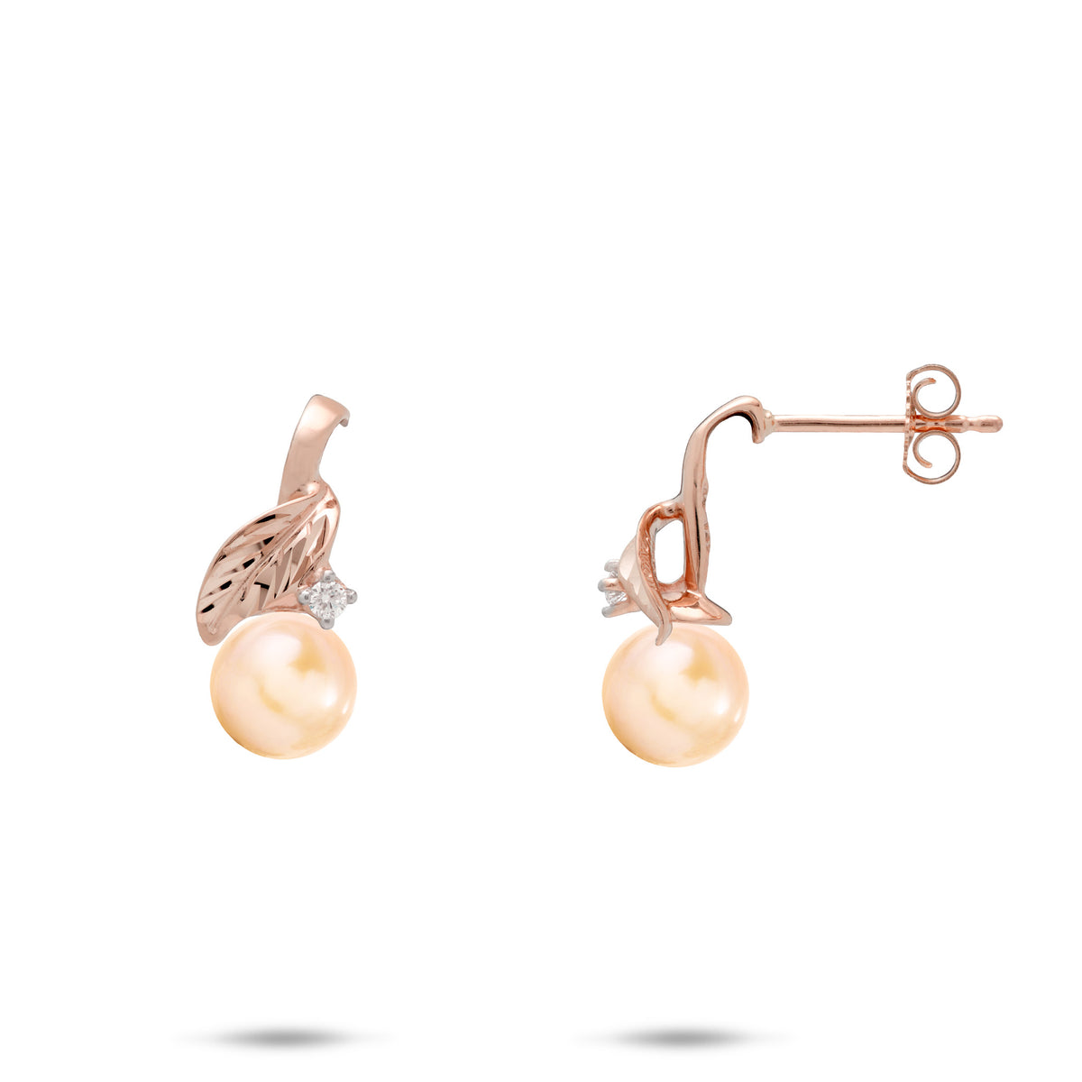 A pair of 14k rose gold diamond-cut maile lef stud earrings with a single diamond accent and peach freshwater pearl, shown with a front and side view against a white background