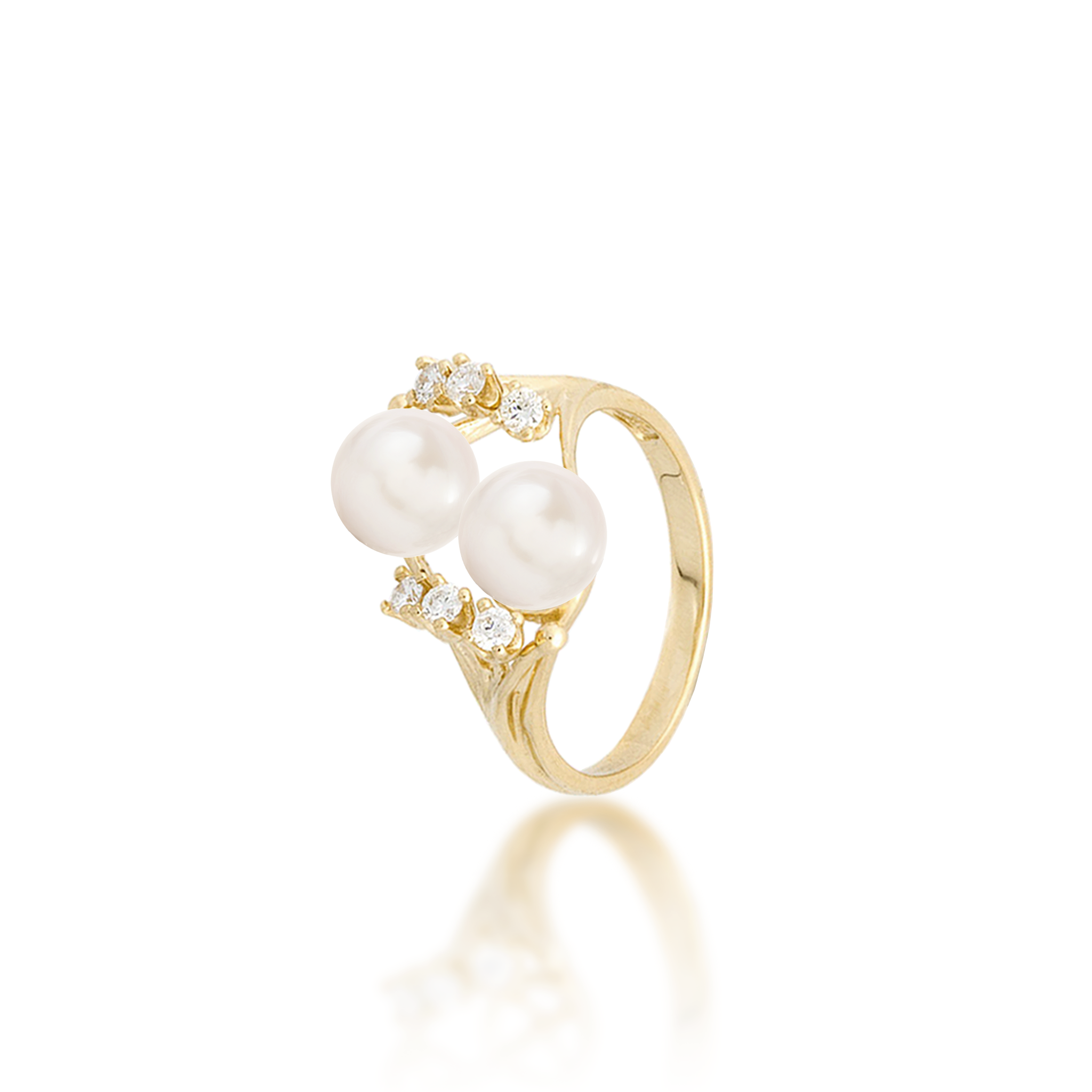 Pick A Pearl 8 Island Ring in Gold with Diamonds and Double White Pearls on a hand holding their shoulder