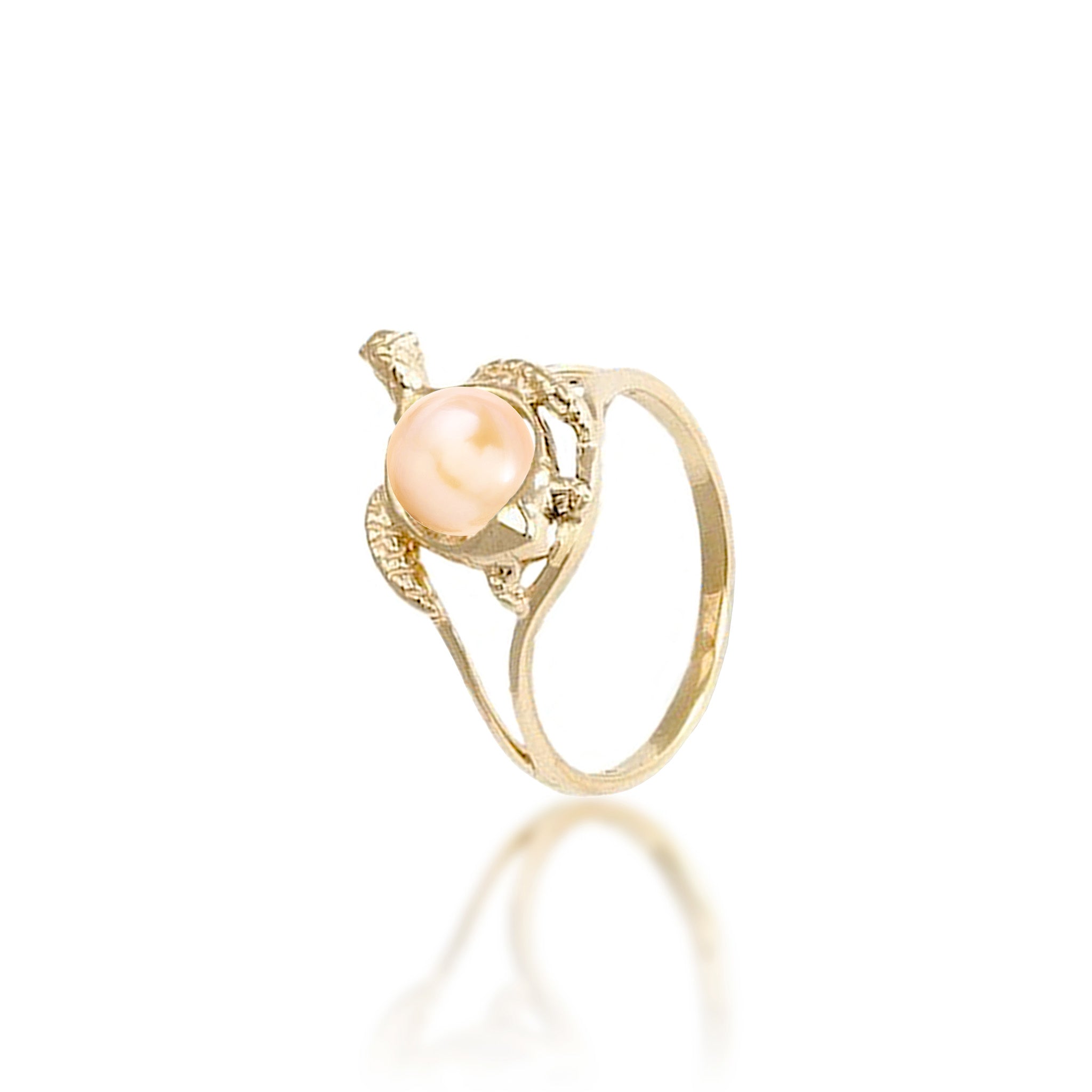 14mm Pick A Pearl Honu (Turtle) Ring in Gold with a Peach Pearl on a white background