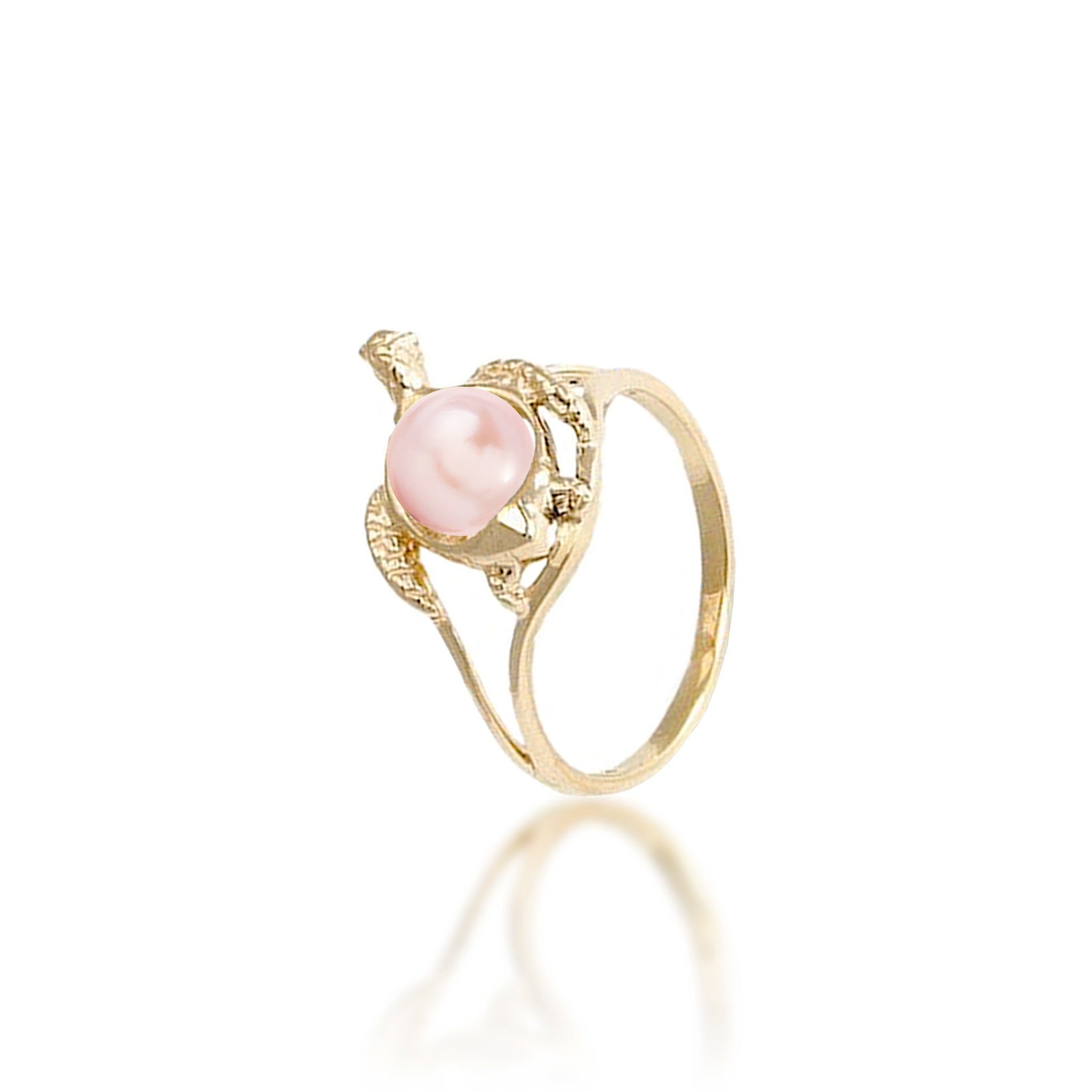 14mm Pick A Pearl Honu (Turtle) Ring in Gold with a Pink Pearl on a white background