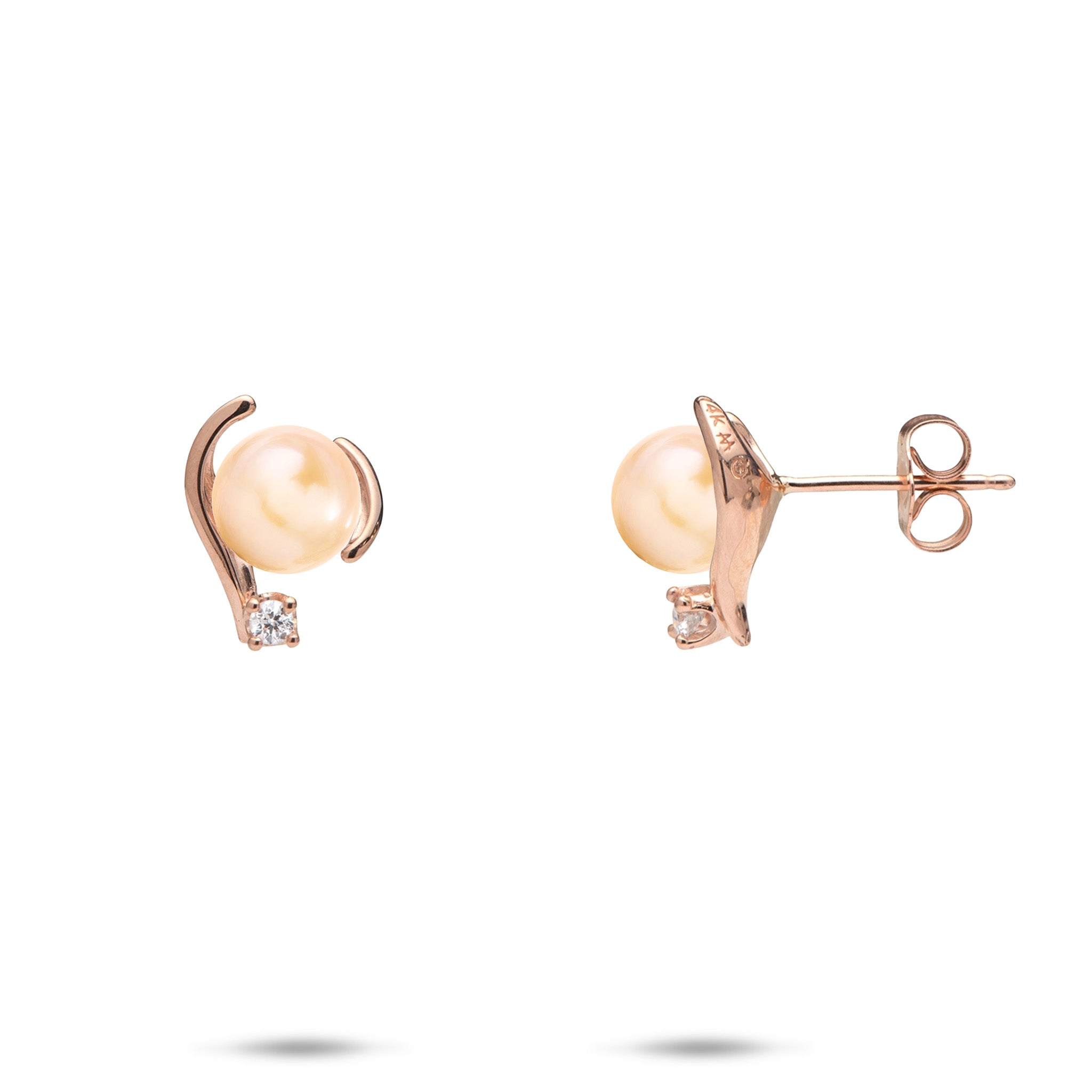 12mm Pick A Pearl Earrings in Rose Gold with Diamonds and Peach Pearls on a white background