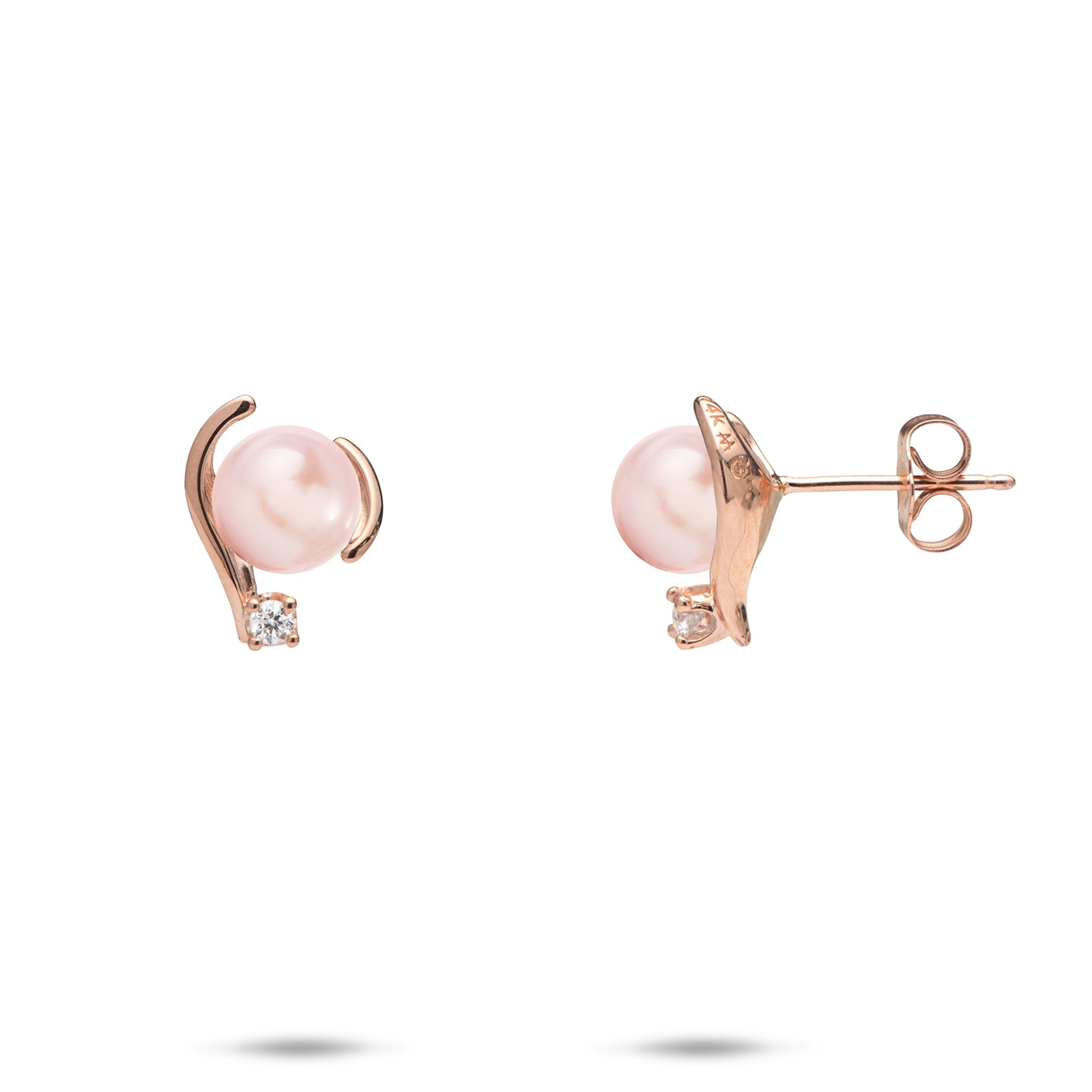 12mm Pick A Pearl Earrings in Rose Gold with Diamonds and Pink Pearls on a white background